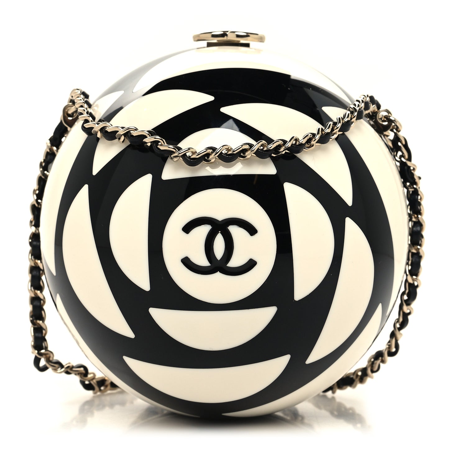Resin Plexi CC Round Camellia Minaudiere Clutch Black White