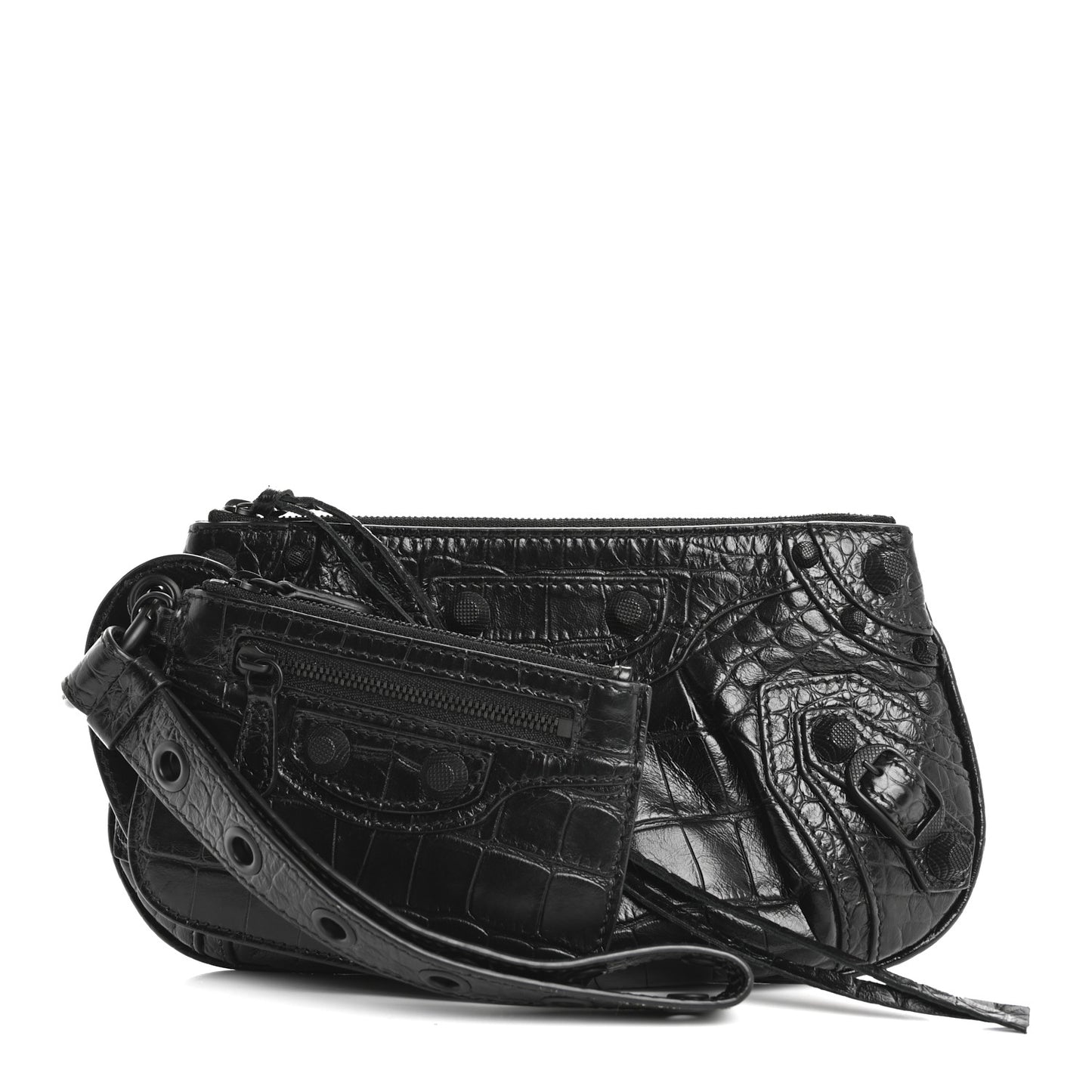 Extra Supple Calfskin Crocodile Embossed Monochrome Mini Le Cagole Multi Pouch Black