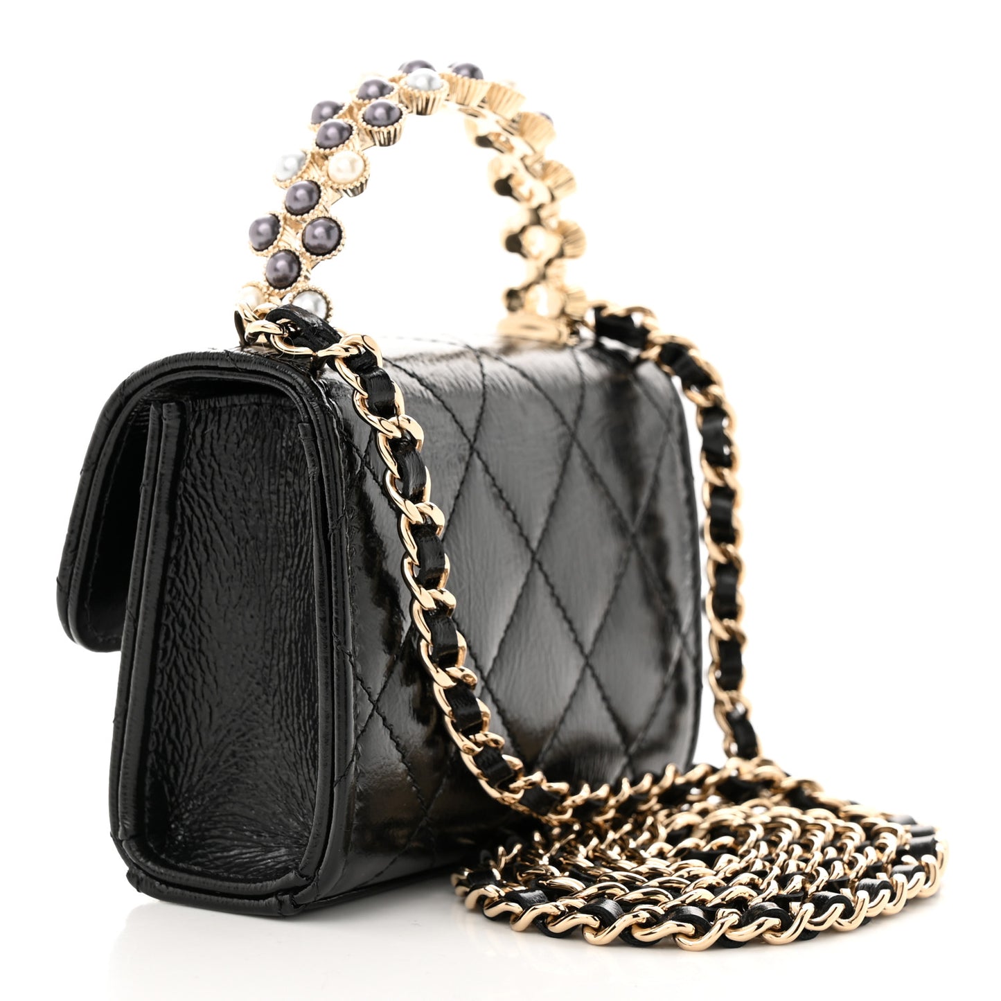 Shiny Crumpled Lambskin Quilted Pearl Small Top Handle Clutch With Chain Black