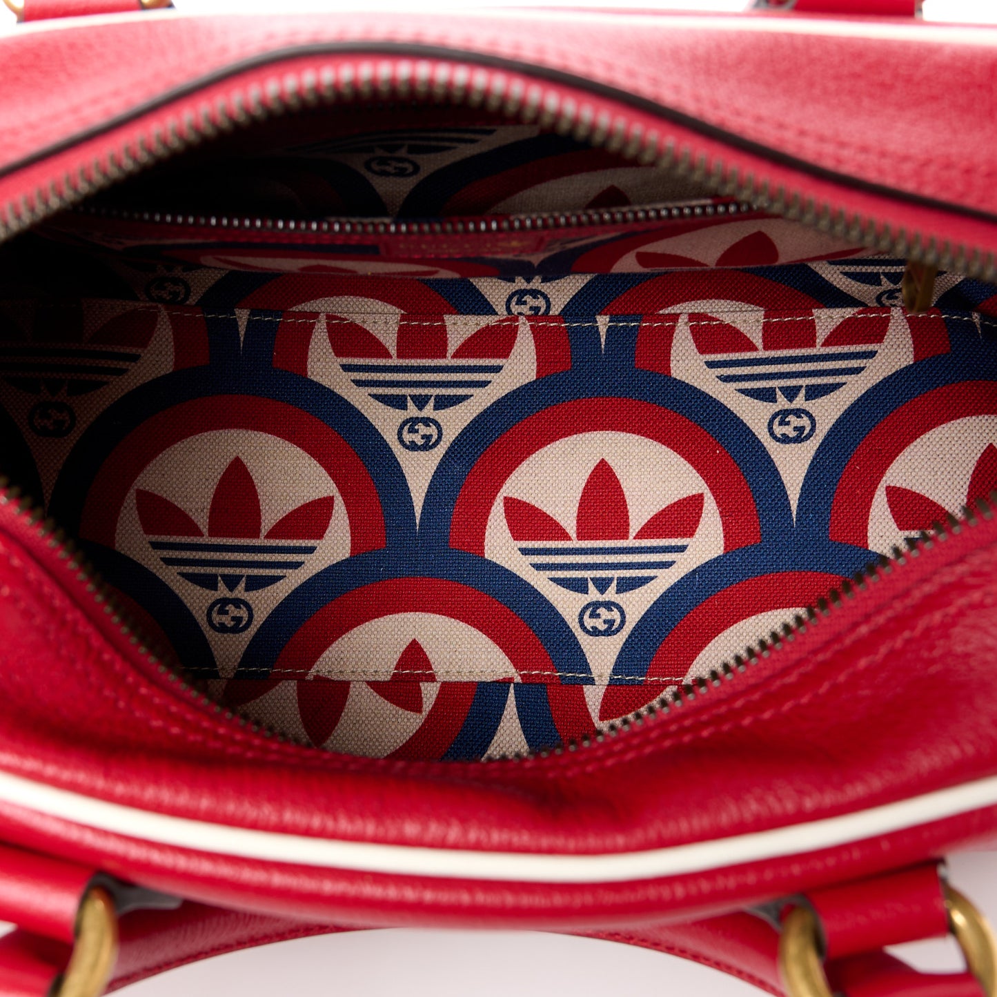 X ADIDAS Textured Dollar Calfskin Web Trefoil Logo Embossed Mini Bowling Bag Red Off White