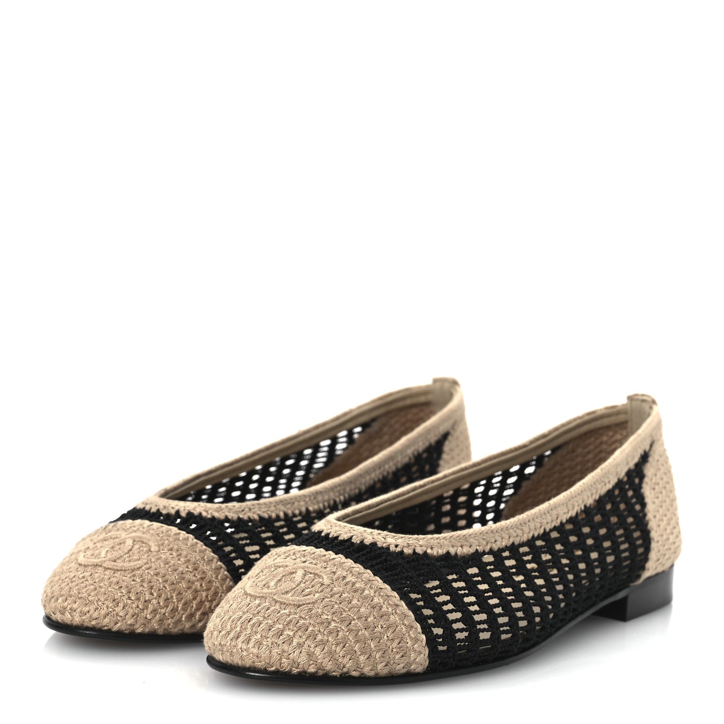 Raffia Cap Toe Ballerina Flats 38 Black Beige