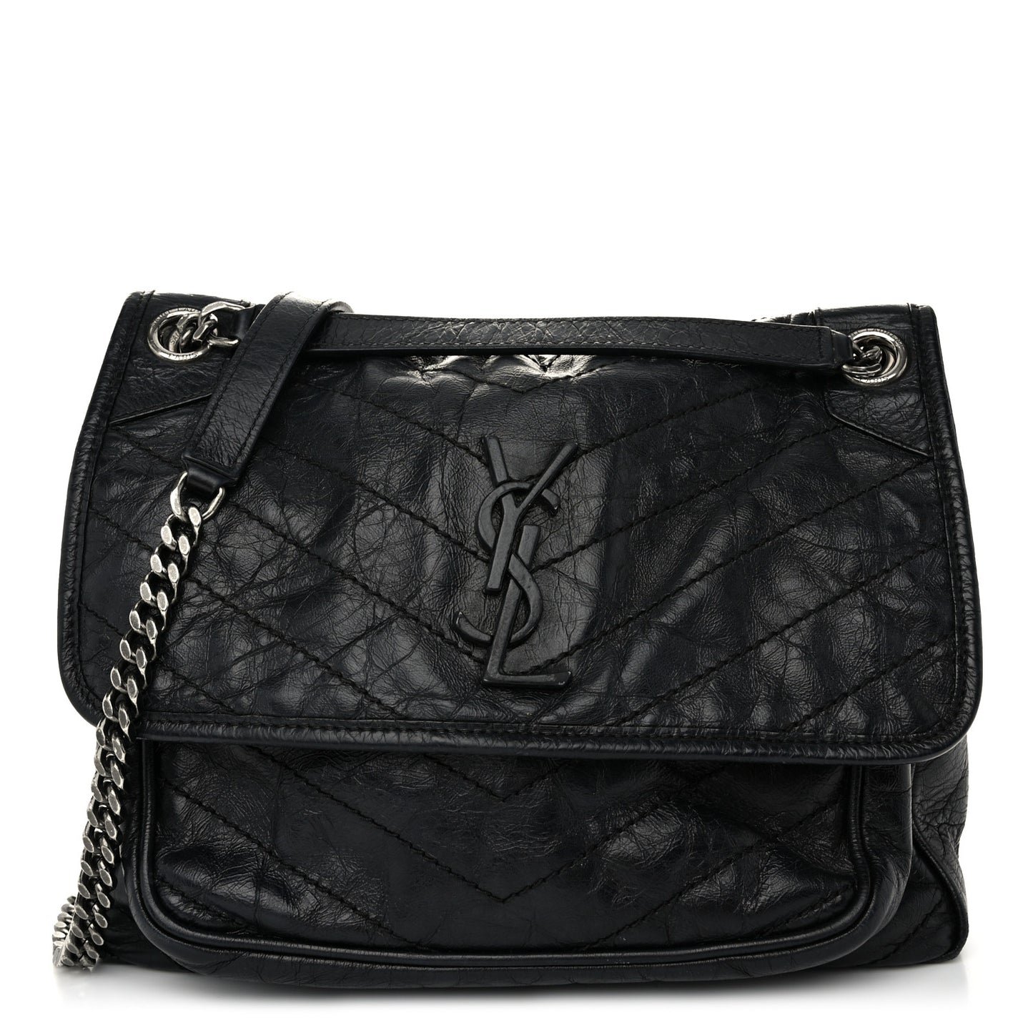 Crinkled Calfskin Matelasse Monogram Medium Niki Chain Satchel Black