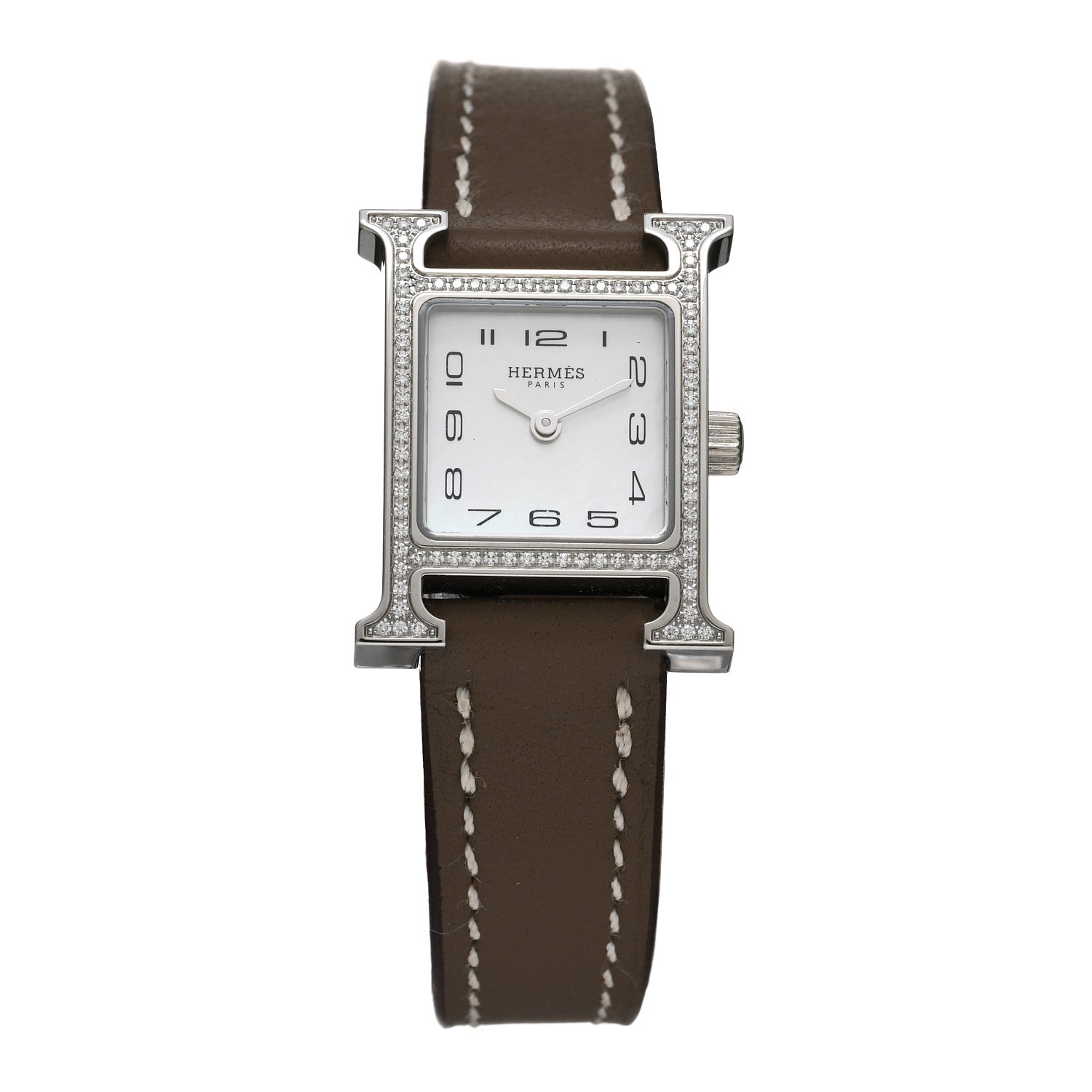 Hermes Stainless Steel Swift Diamond Bezel Mother of Pearl 17.2mm Heure H Hour Quartz Watch Etoupe 1 of 5
