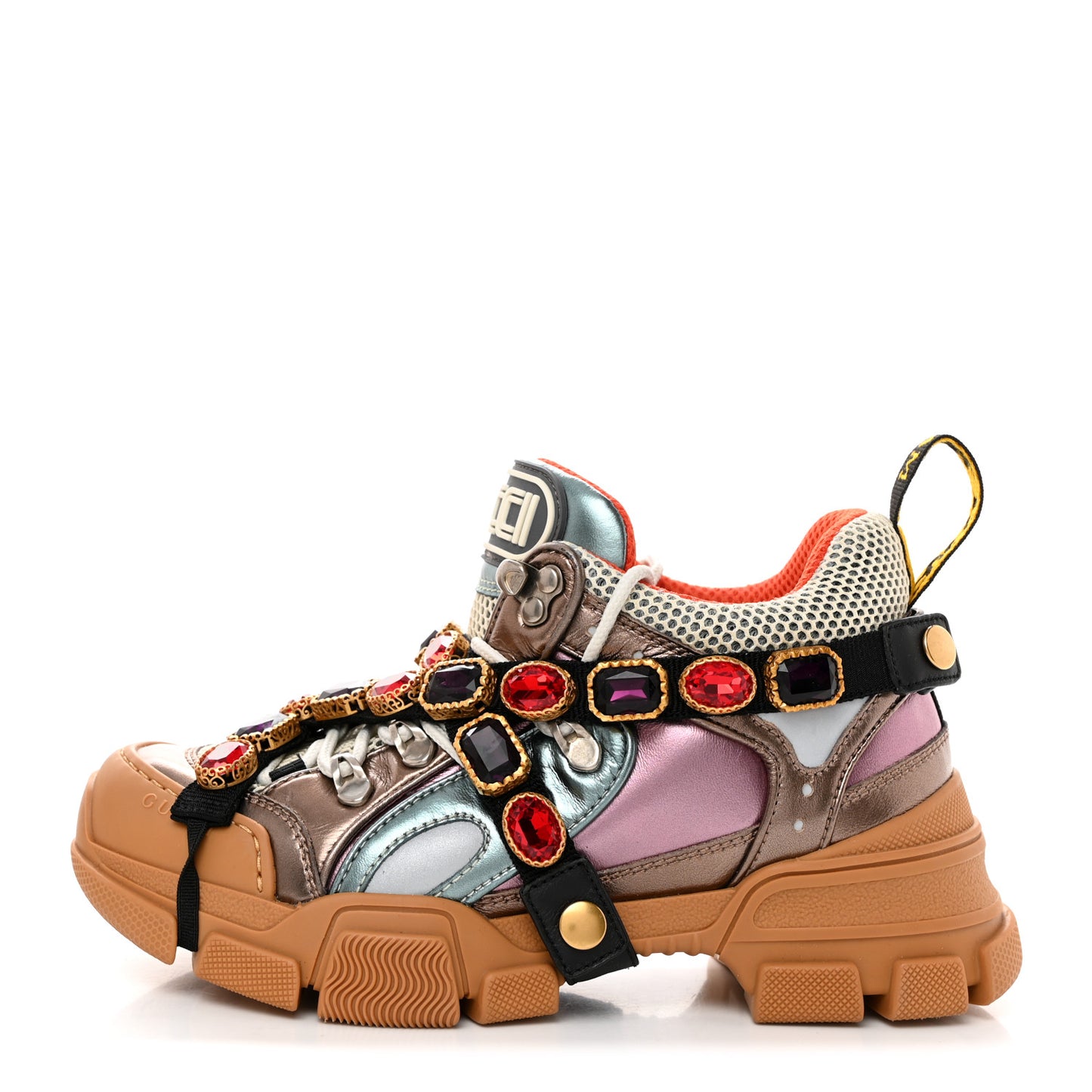 X SEGA Metallic Calfskin Mesh Removable Crystals Womens Flashtrek Sneakers 36 Rame Mystic White Lago