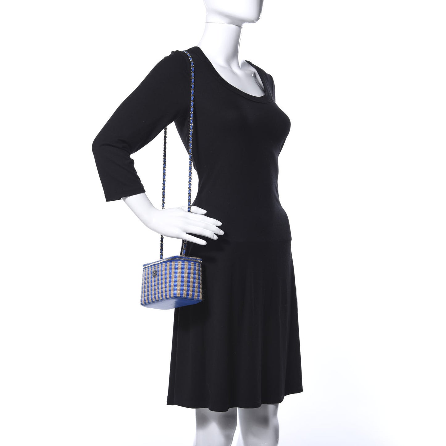 Raffia Jute Striped Small Vanity Case With Chain Blue Beige