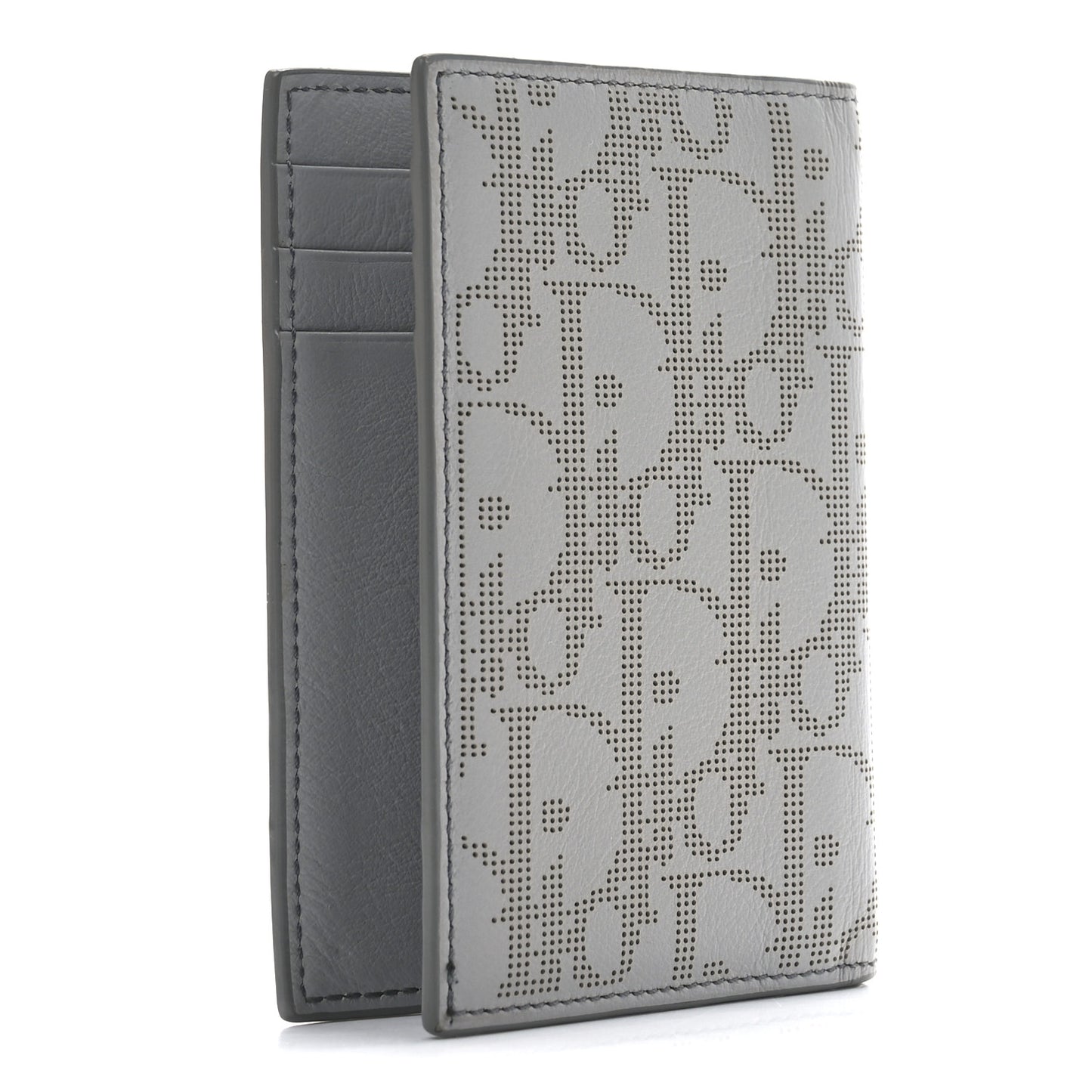 Calfskin Perforated Oblique Bi-Fold Card Holder Grey