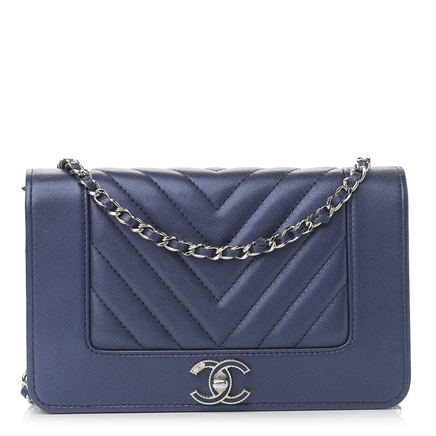 Chanel Metallic Sheepskin Chevron Quilted Vintage Mademoiselle Wallet On Chain WOC Navy 1 of 15