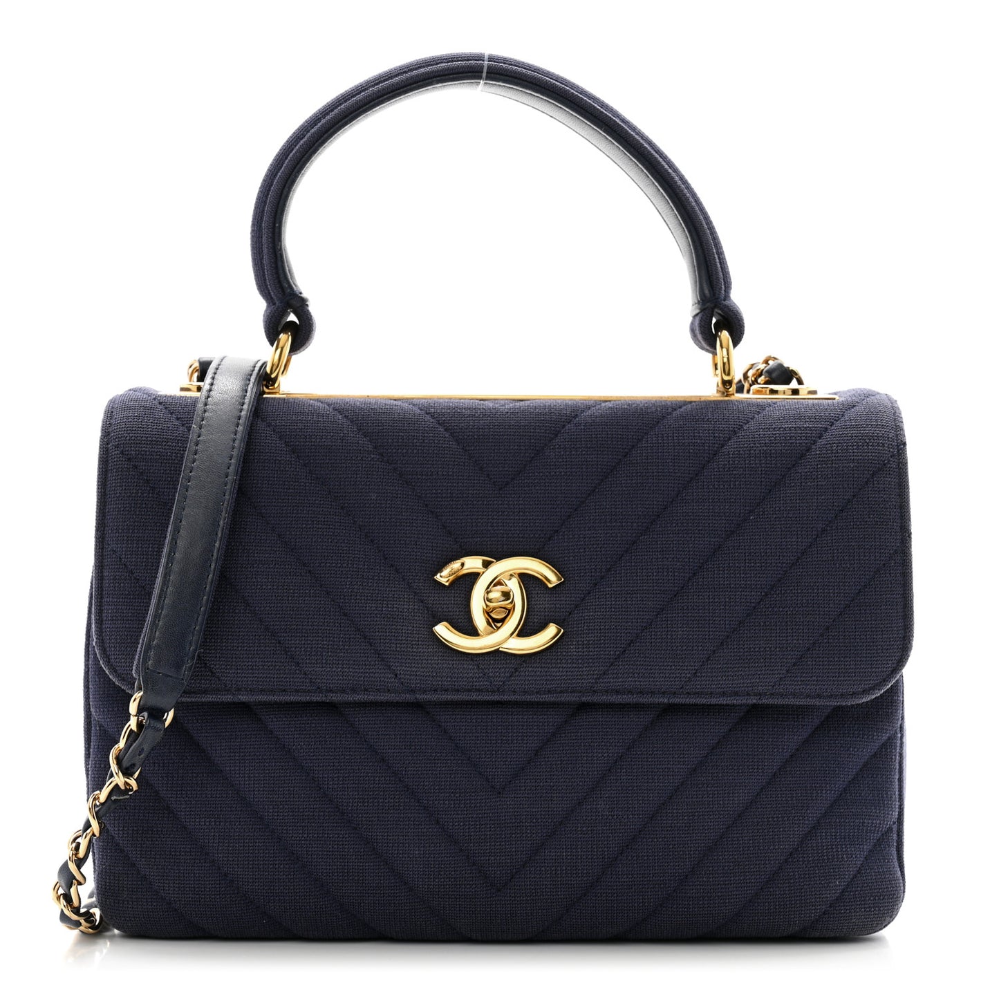 Jersey Chevron Quilted Small Trendy CC Dual Handle Flap Bag Navy Blue