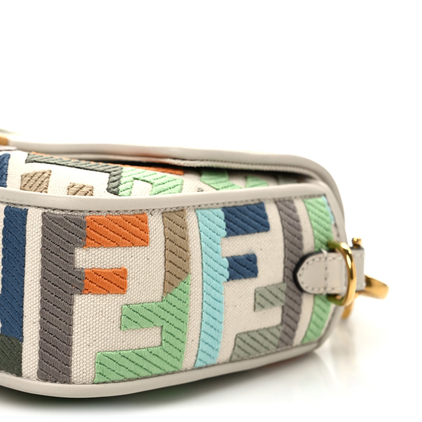 Canvas Vitello Seta FF Multicolor Embroidered Baguette Grezzo Multicolor Latte