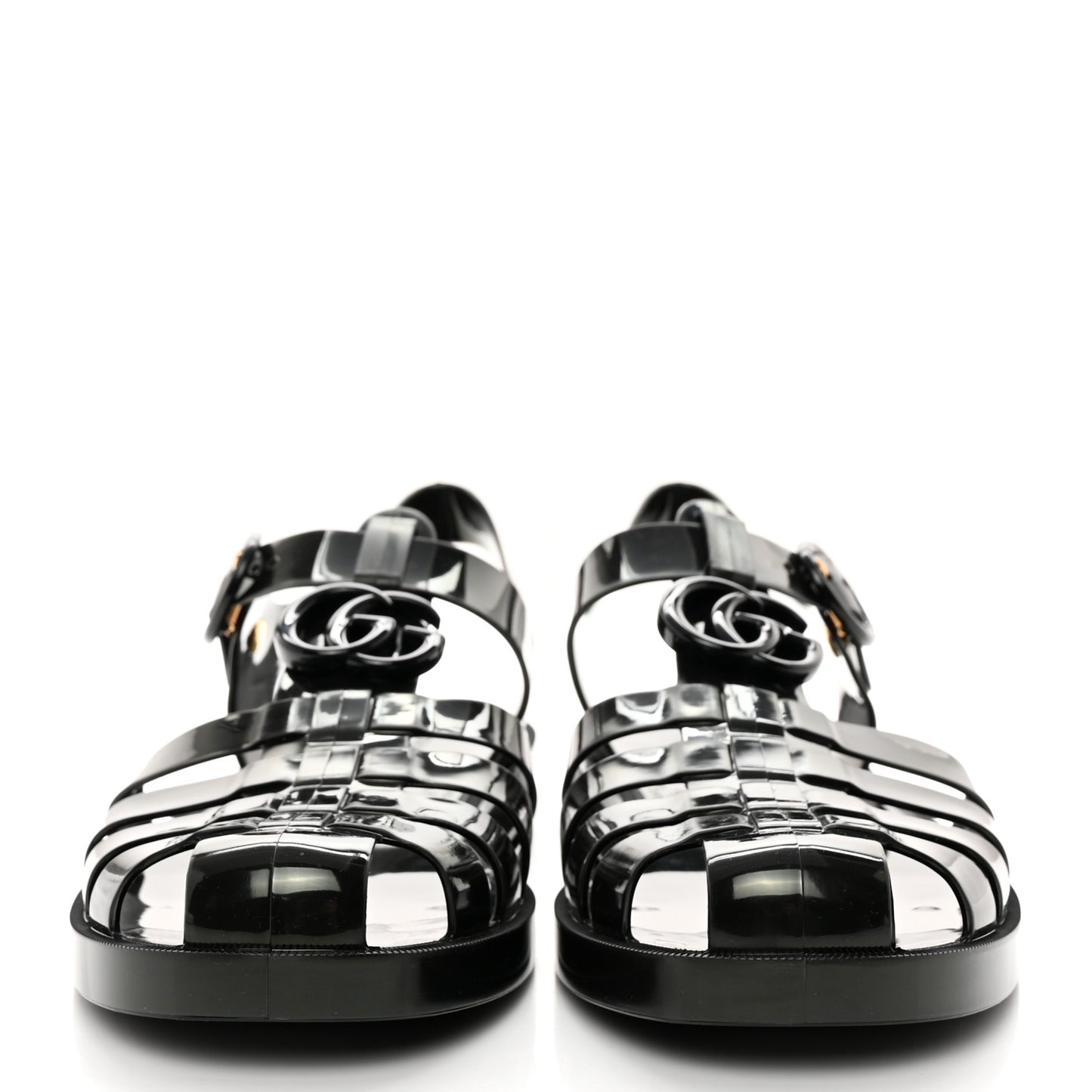 Shiny Rubber Double G Buckle Strap Sandals 8 Black