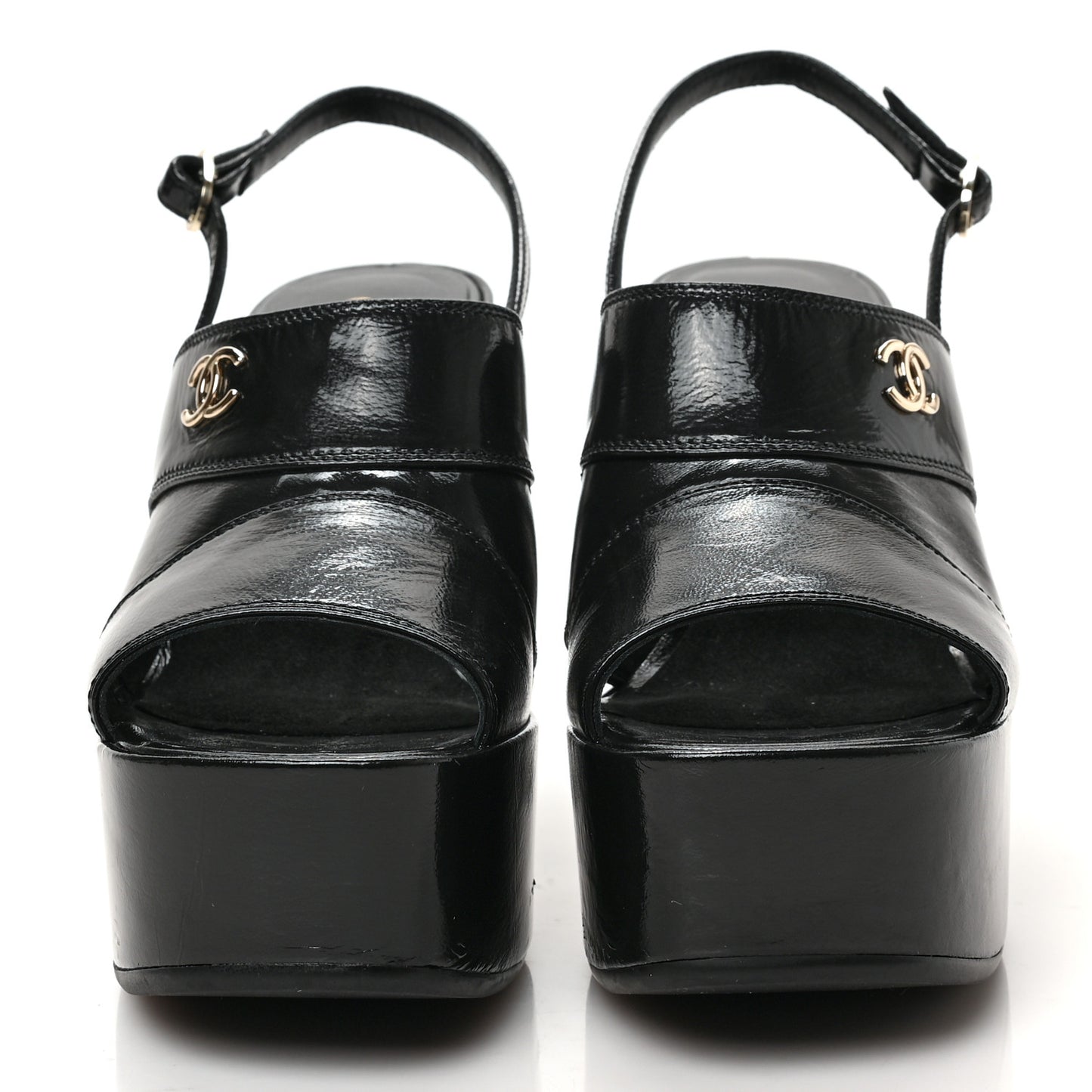 Crumpled Patent Lambskin Platform Sandals 38.5 Black