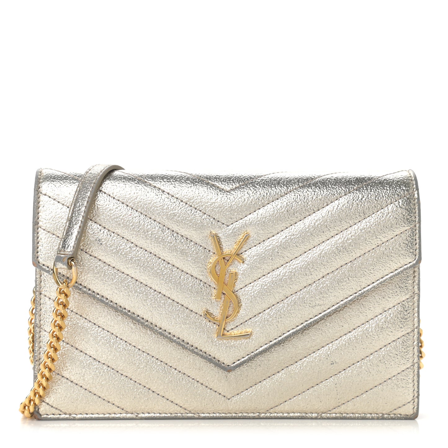 Metallic Crackled Calfskin Matelasse Chevron Monogram Envelope Chain Wallet Gold