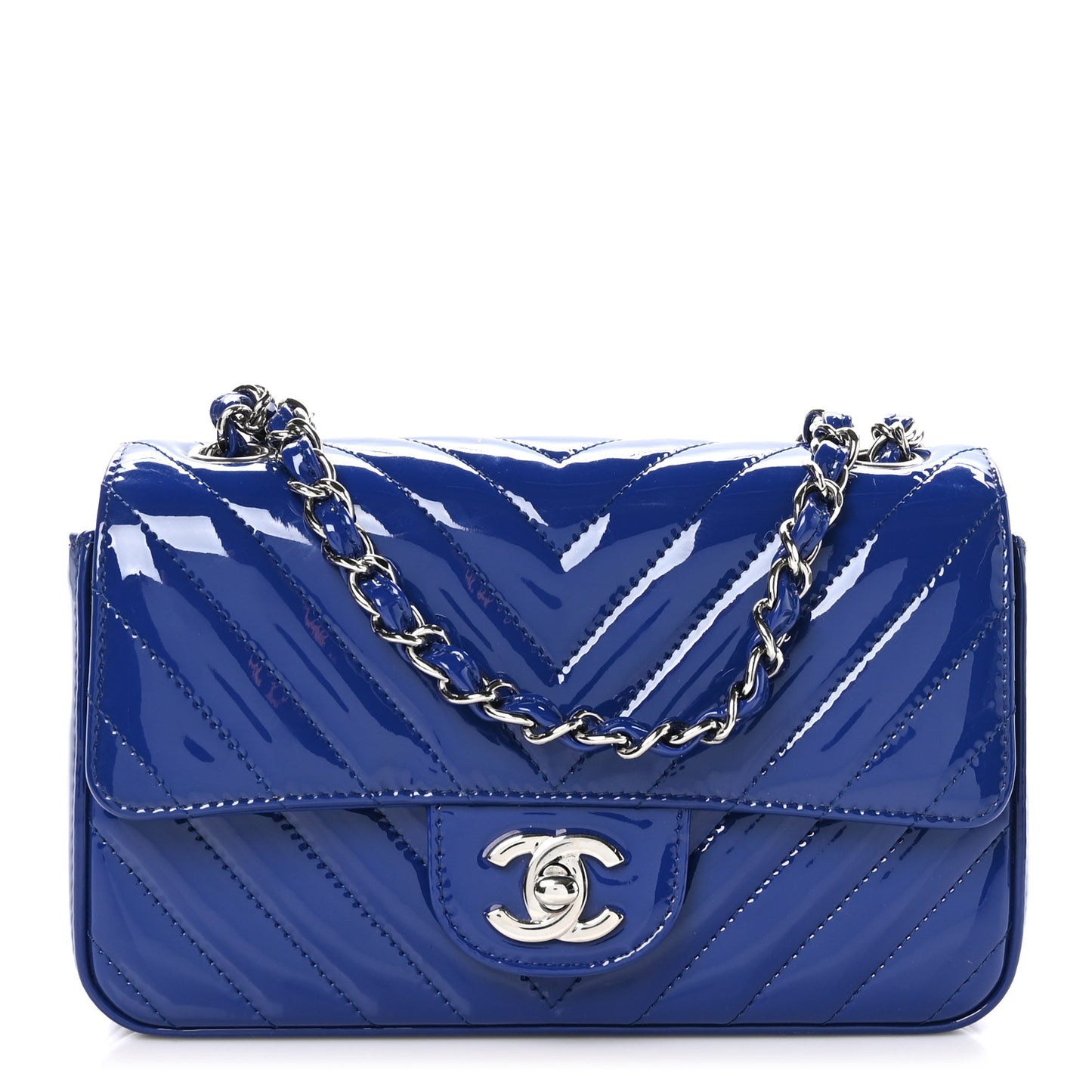 Patent Calfskin Chevron Quilted Mini Rectangular Flap Blue