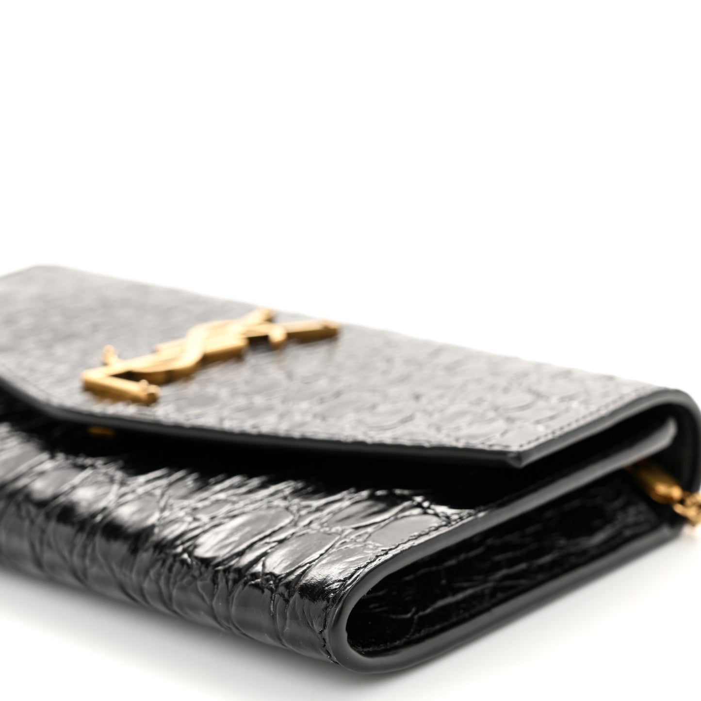 Calfskin Crocodile Embossed Monogram Uptown Chain Wallet Black
