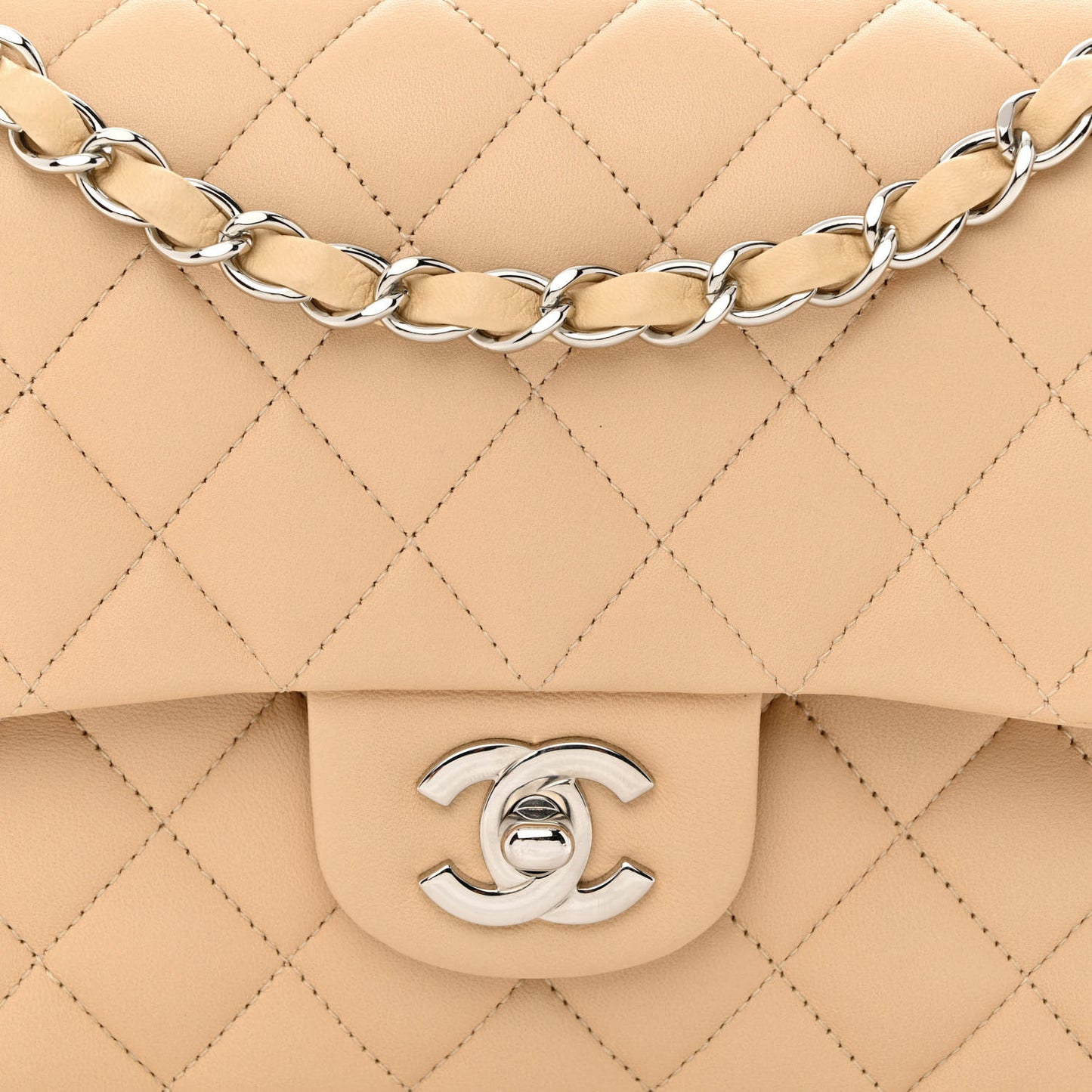 Lambskin Quilted Medium Double Flap Beige