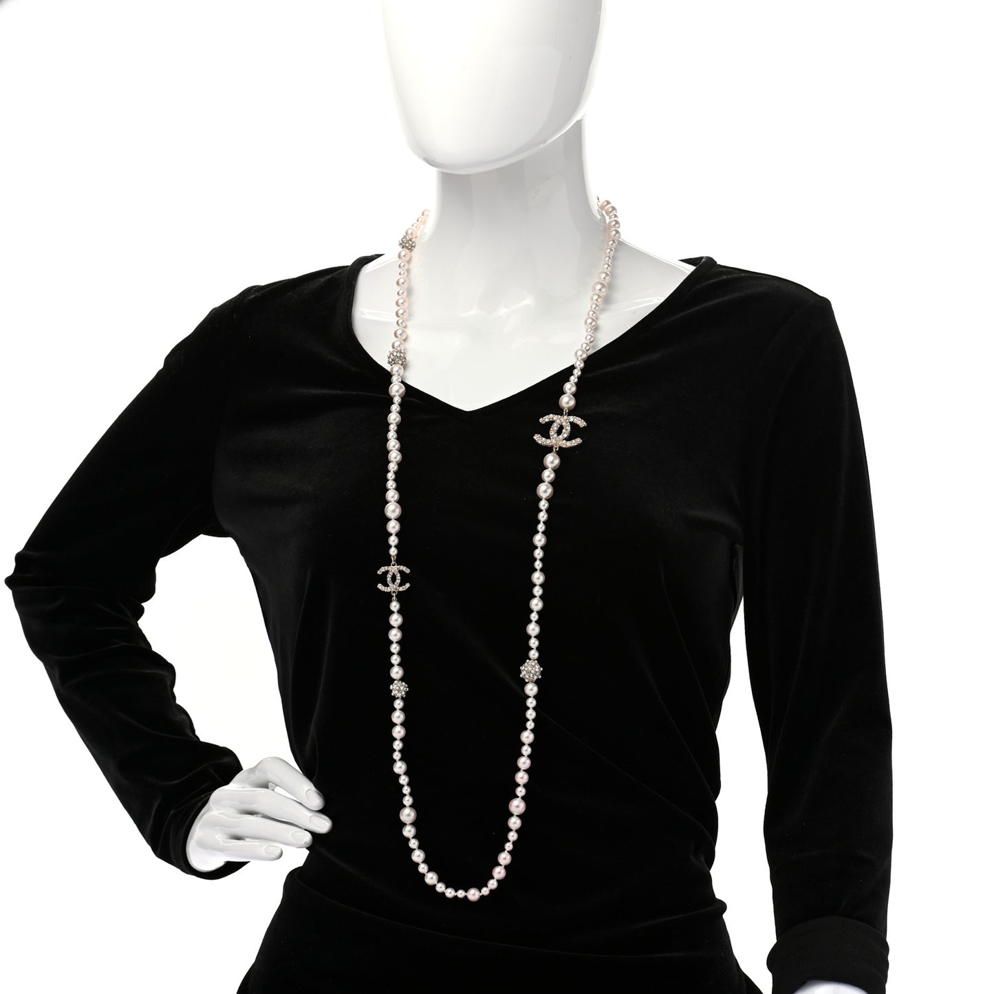 Pearl Crystal CC Cluster Long Necklace Gold