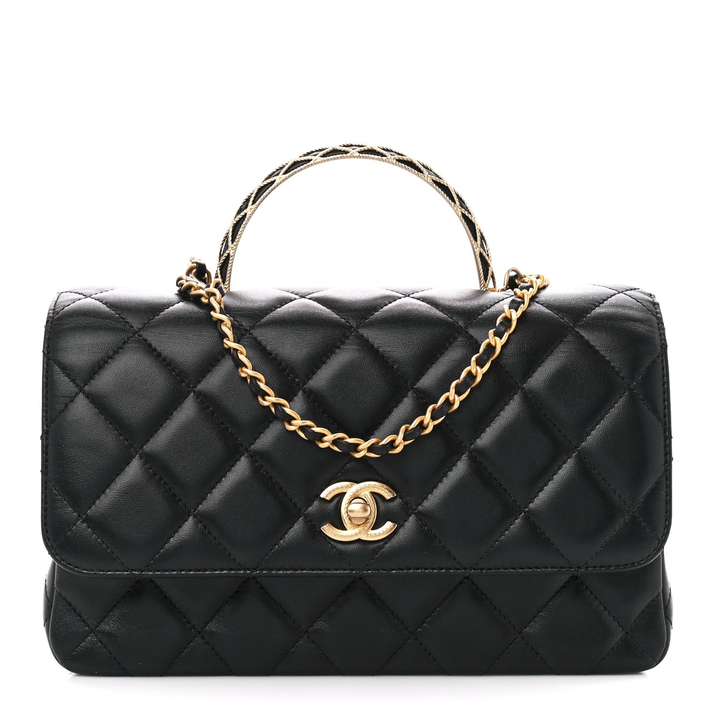Lambskin Metal Quilted Twist Top Handle Flap With Chain Black