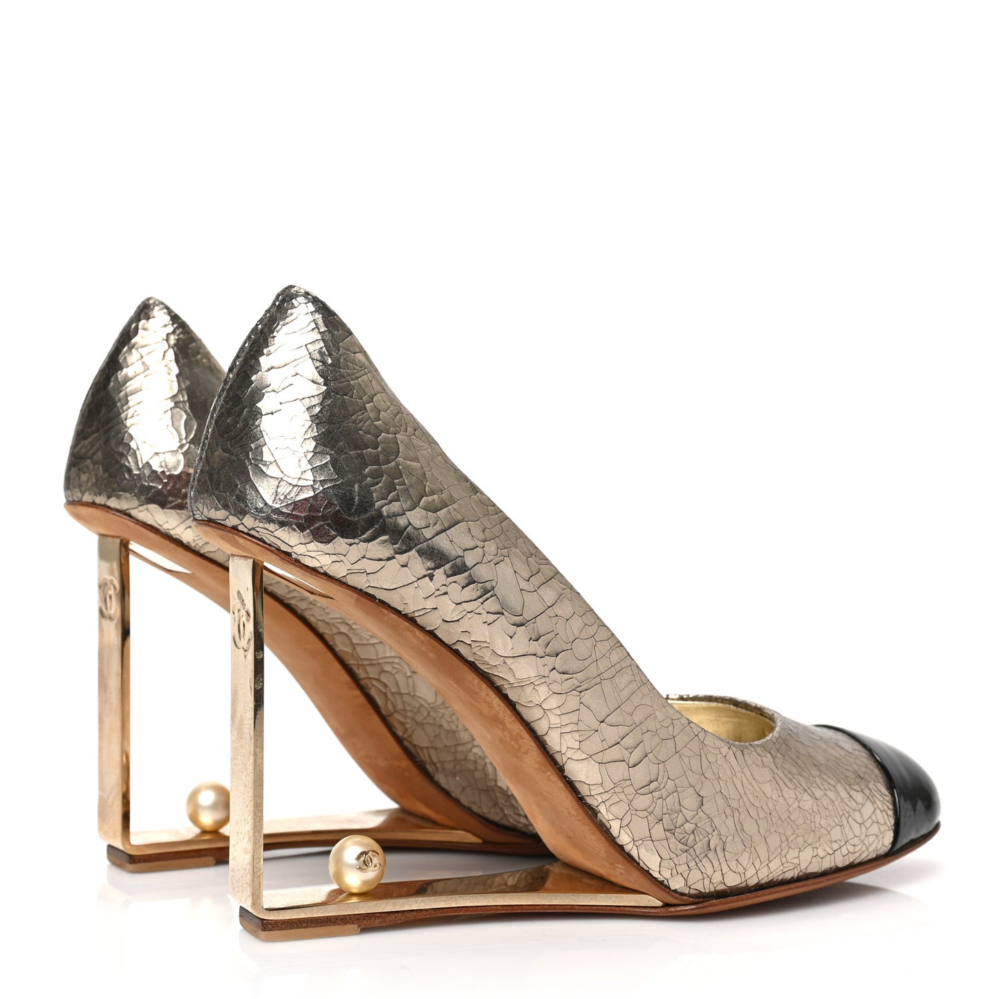 Metallic Crackled Goatskin Patent Cap Toe Pearl Pumps 38 Gold Black