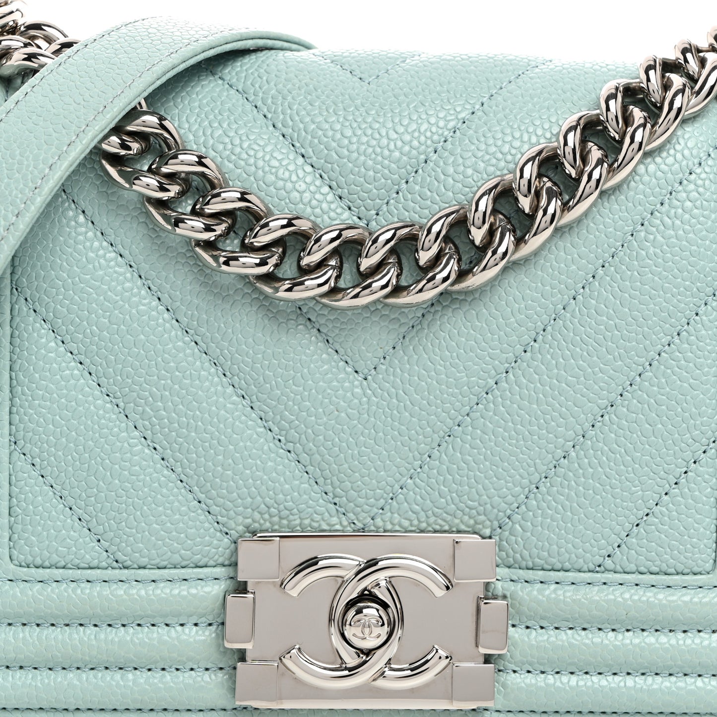 Caviar Chevron Quilted Small Boy Flap Light Blue