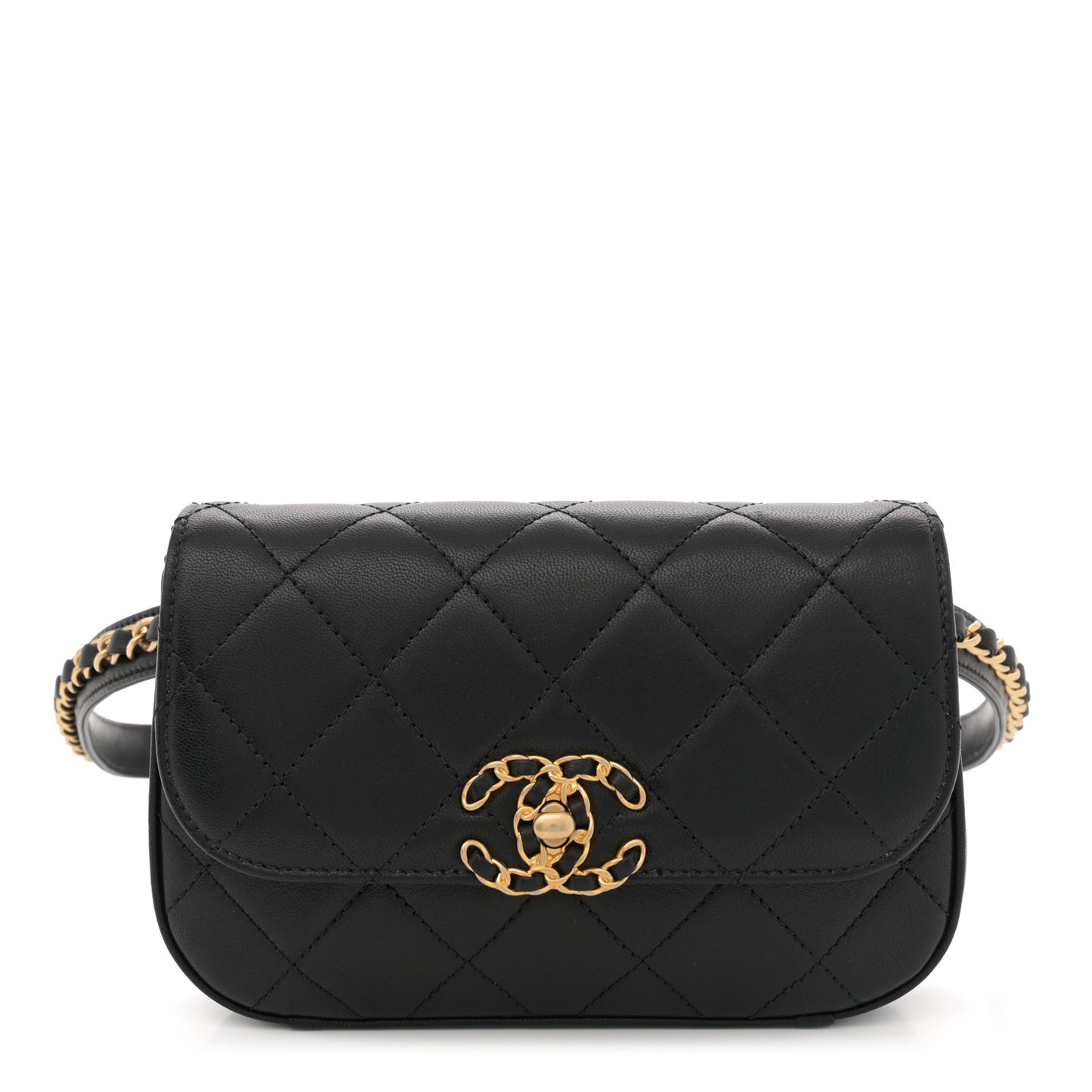 Lambskin Quilted Chain Infinity Waist Belt Bag Black