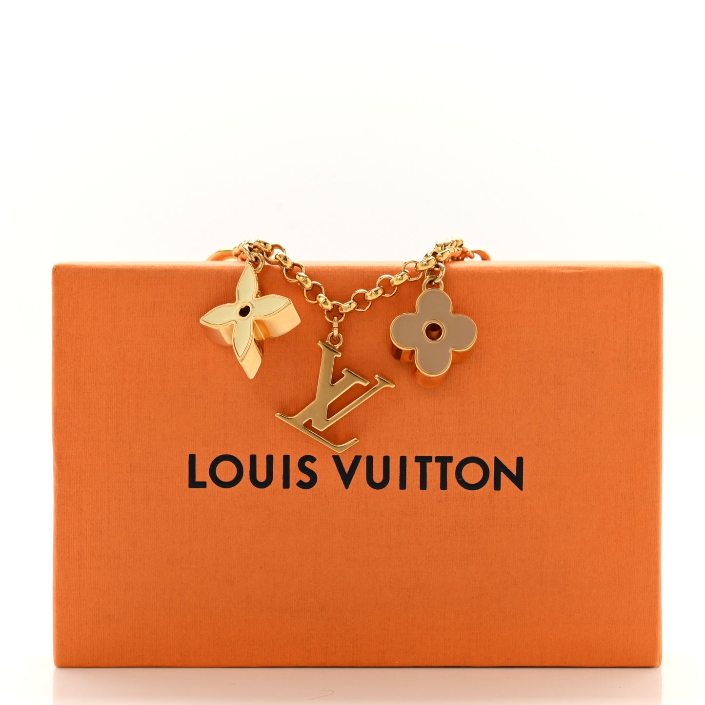 Brass Enamel Fleur De Monogram Bag Charm Chain Gold