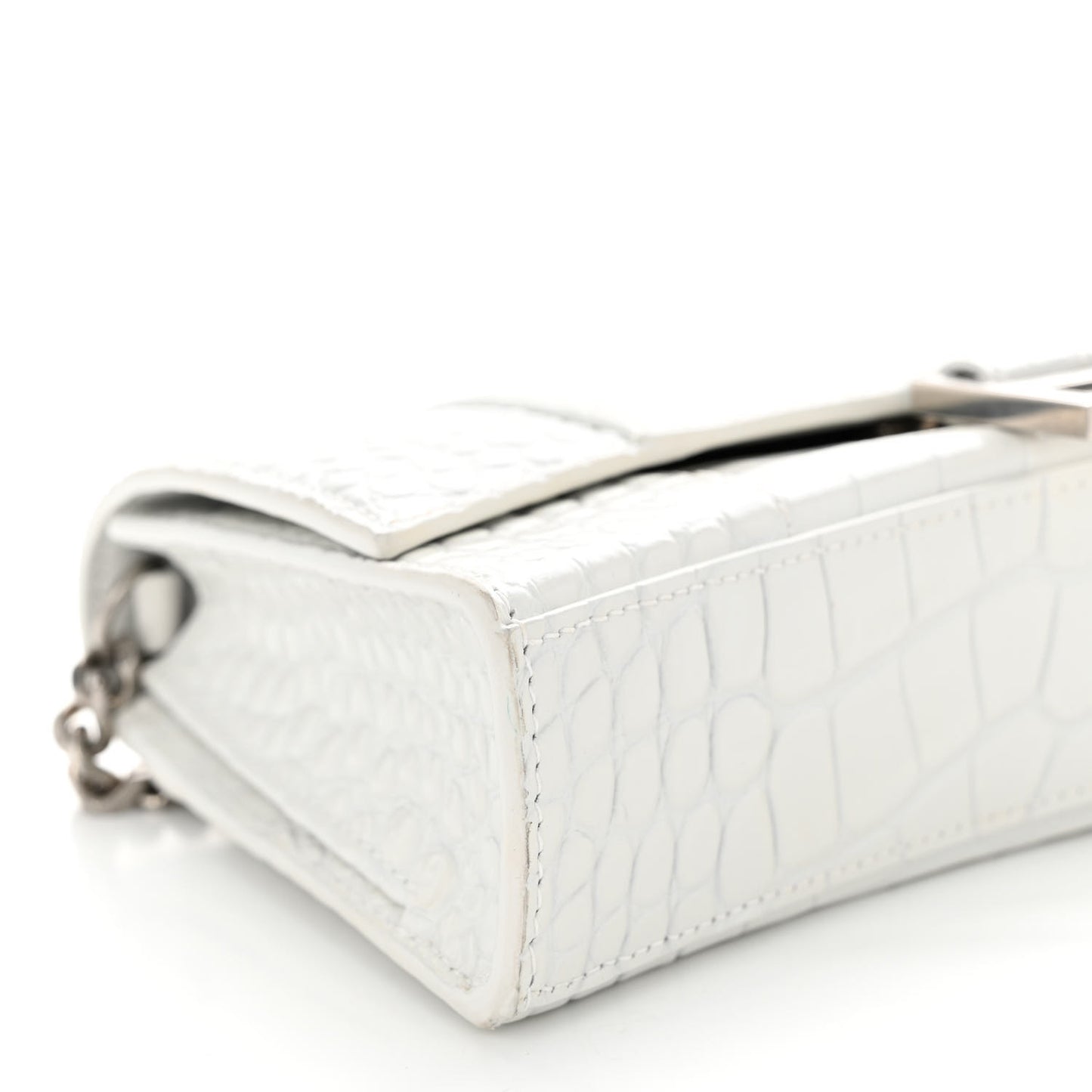 Shiny Calfskin Crocodile Embossed Small Hourglass Evening Chain Bag White