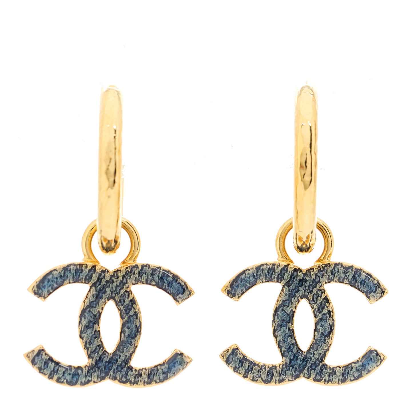 Metal Enamel CC Denim Drop Earrings Gold Blue