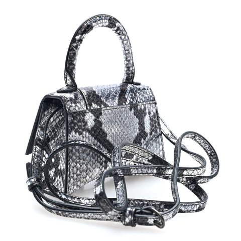 Shiny Calfskin Snakeskin Effect Hourglass Top Handle Bag Mini Silver Black