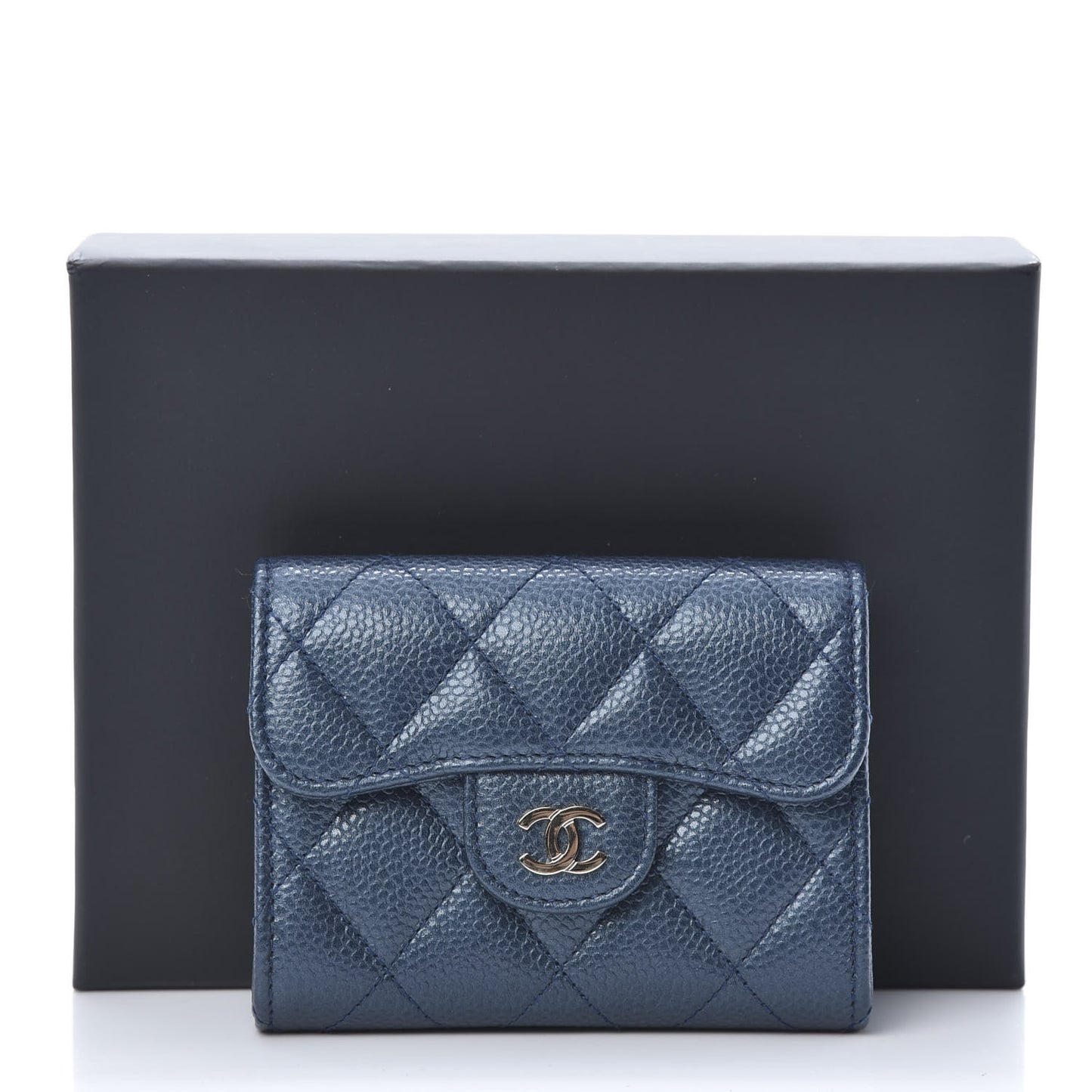 Metallic Caviar Quilted Flap Card Holder Wallet Dark Blue