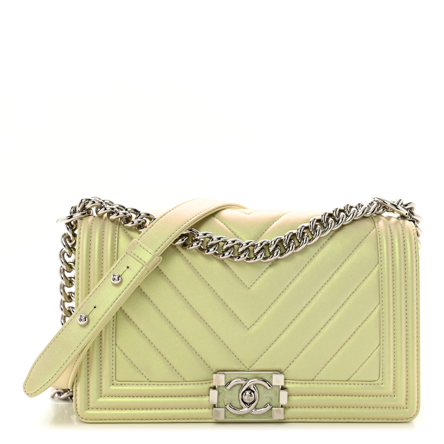 Iridescent Lambskin Chevron Quilted Medium Boy Flap Green