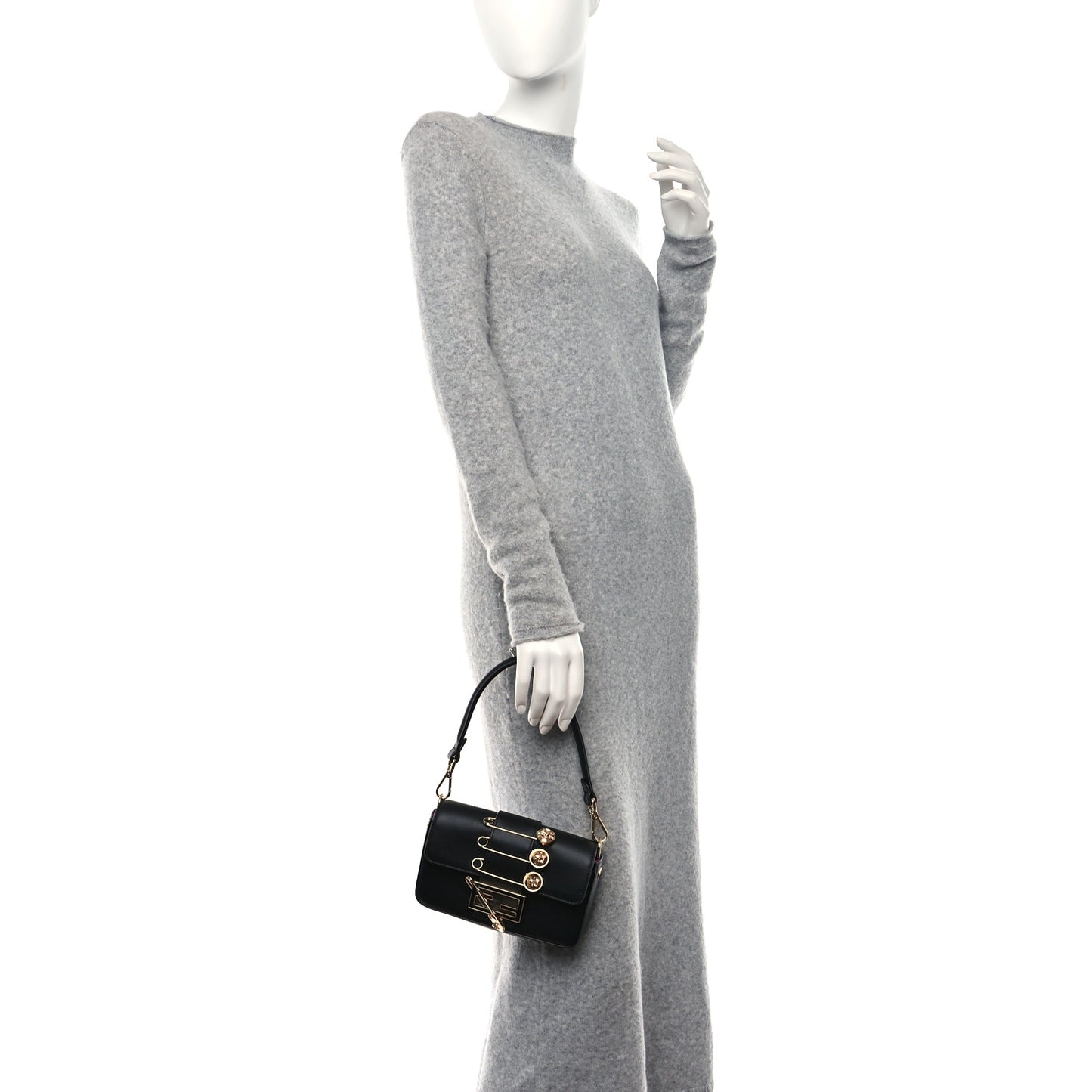 X VERSACE Vitello Seta Fendace Mini Brooch Baguette Black