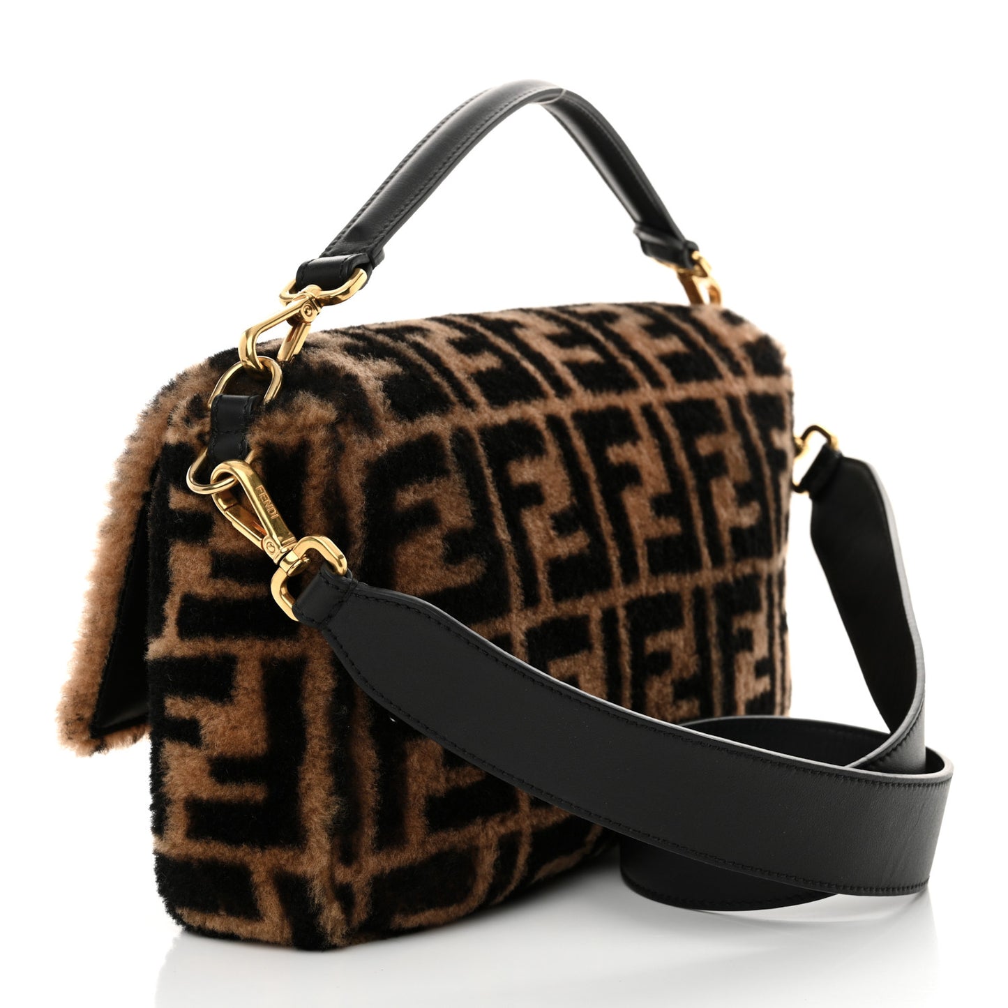 Shearling Vitello Dolce Macro FF 1974 Large Baguette Tobacco Black