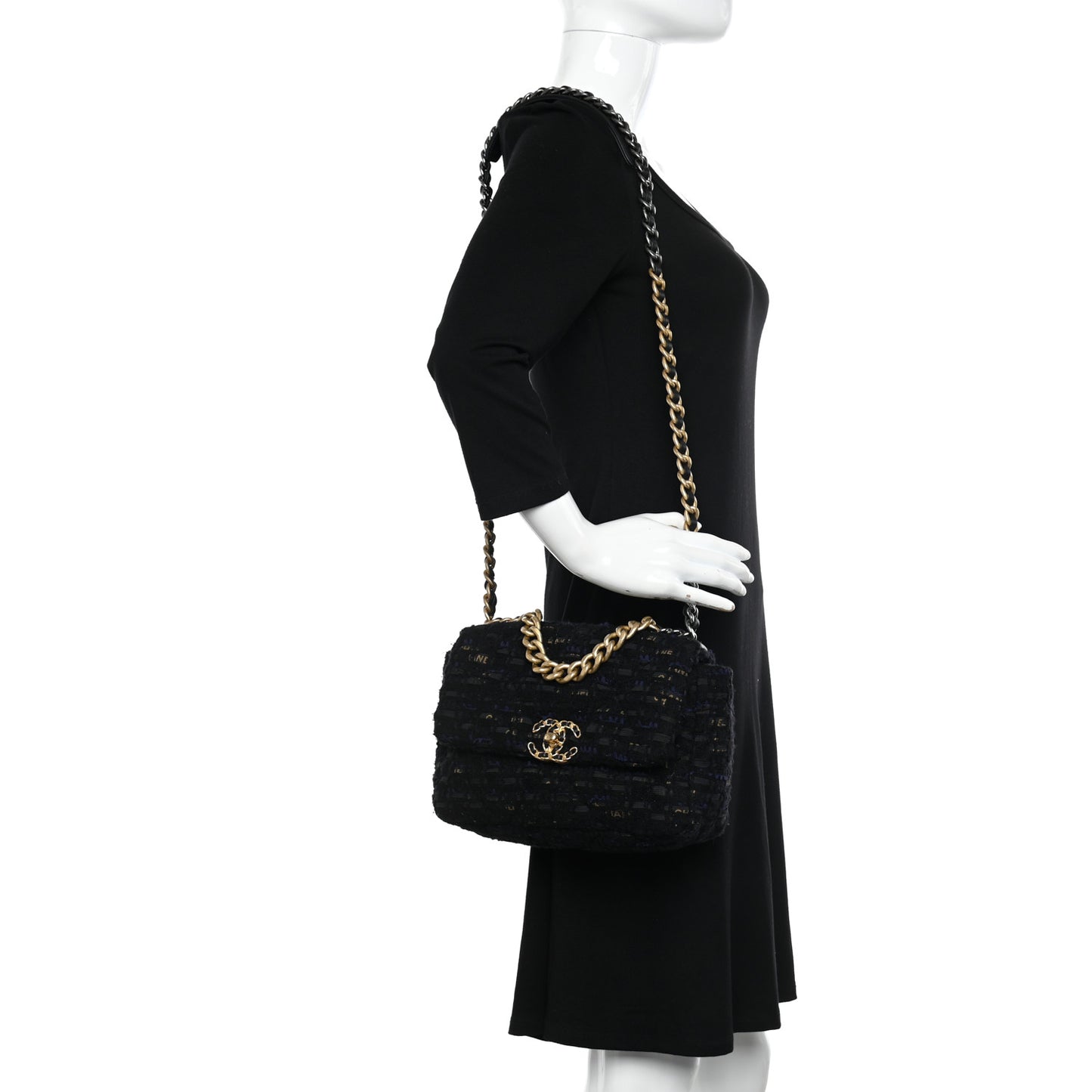Tweed Quilted Medium Chanel 19 Flap Black Navy Gold