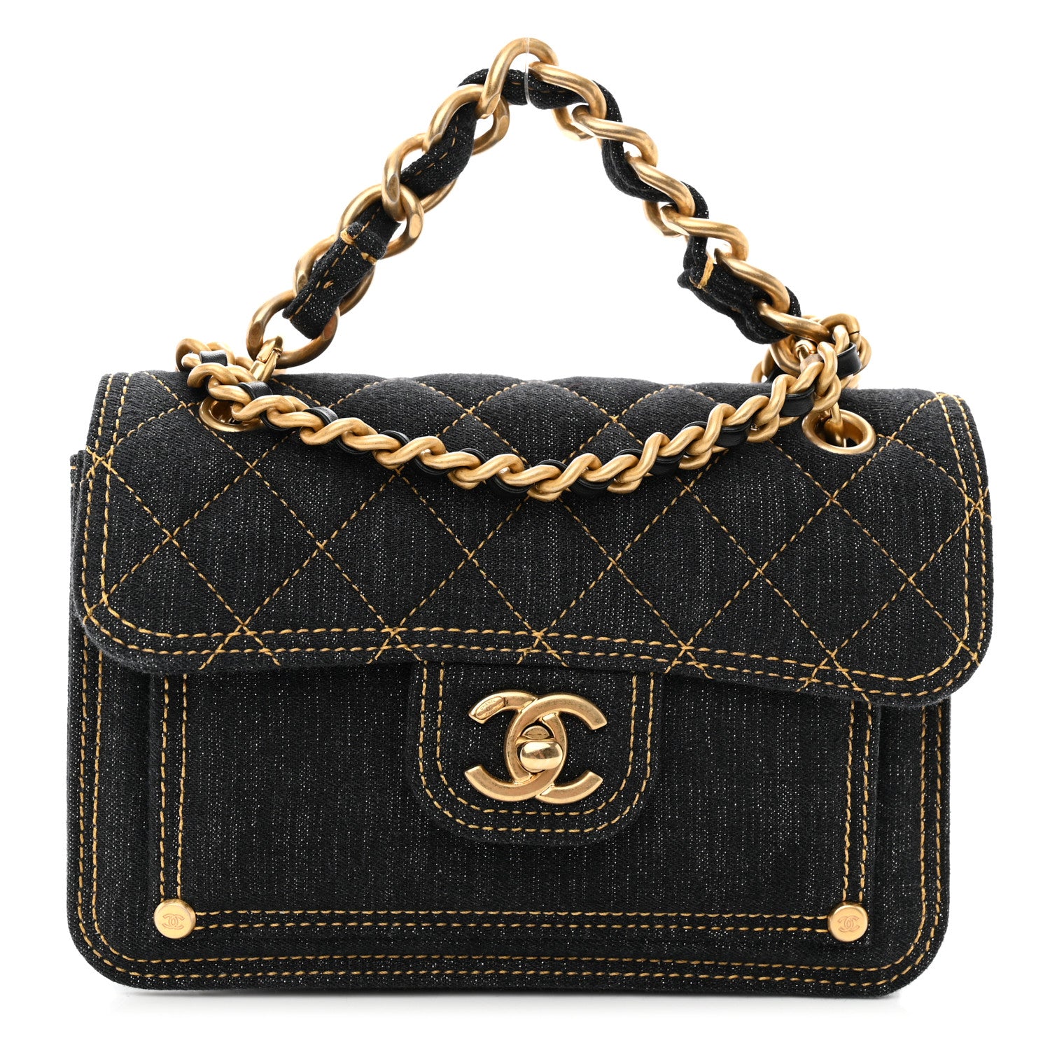 Chanel Denim Quilted Double You Mini Flap Black Golden 1 of 11