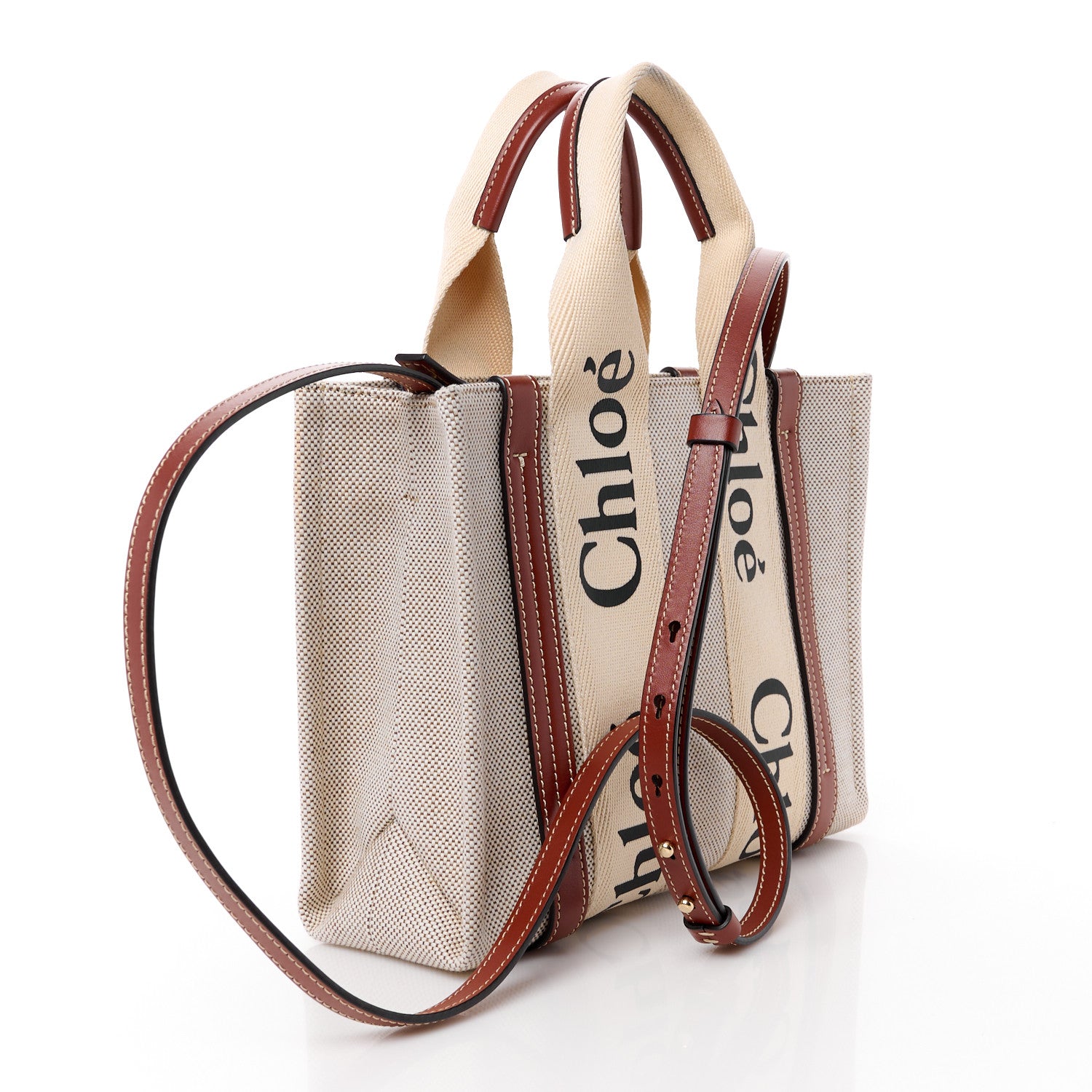 Chloe Cotton Calfskin Small Woody Ribbon Tote With Strap White Brown 3 of 12