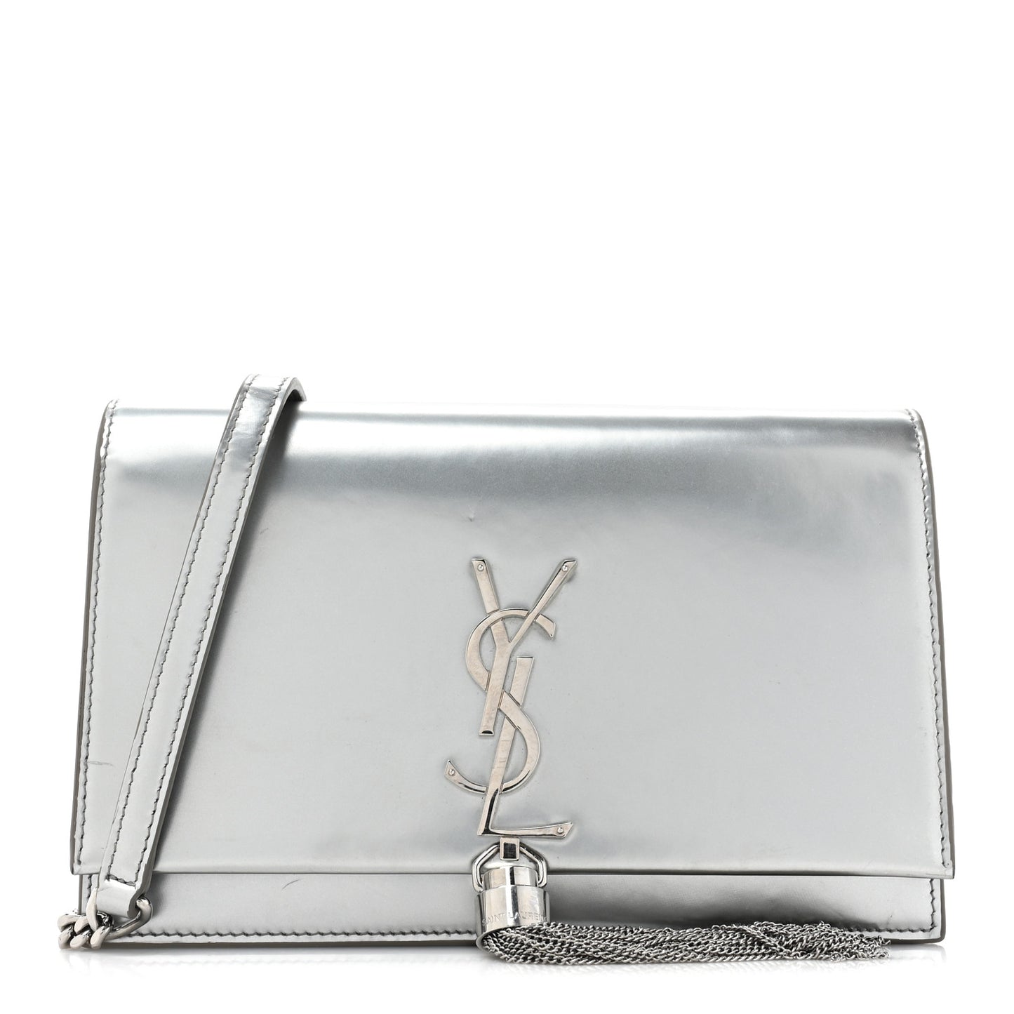 Metallic Calfskin Kate Monogram Tassel Chain Wallet Silver