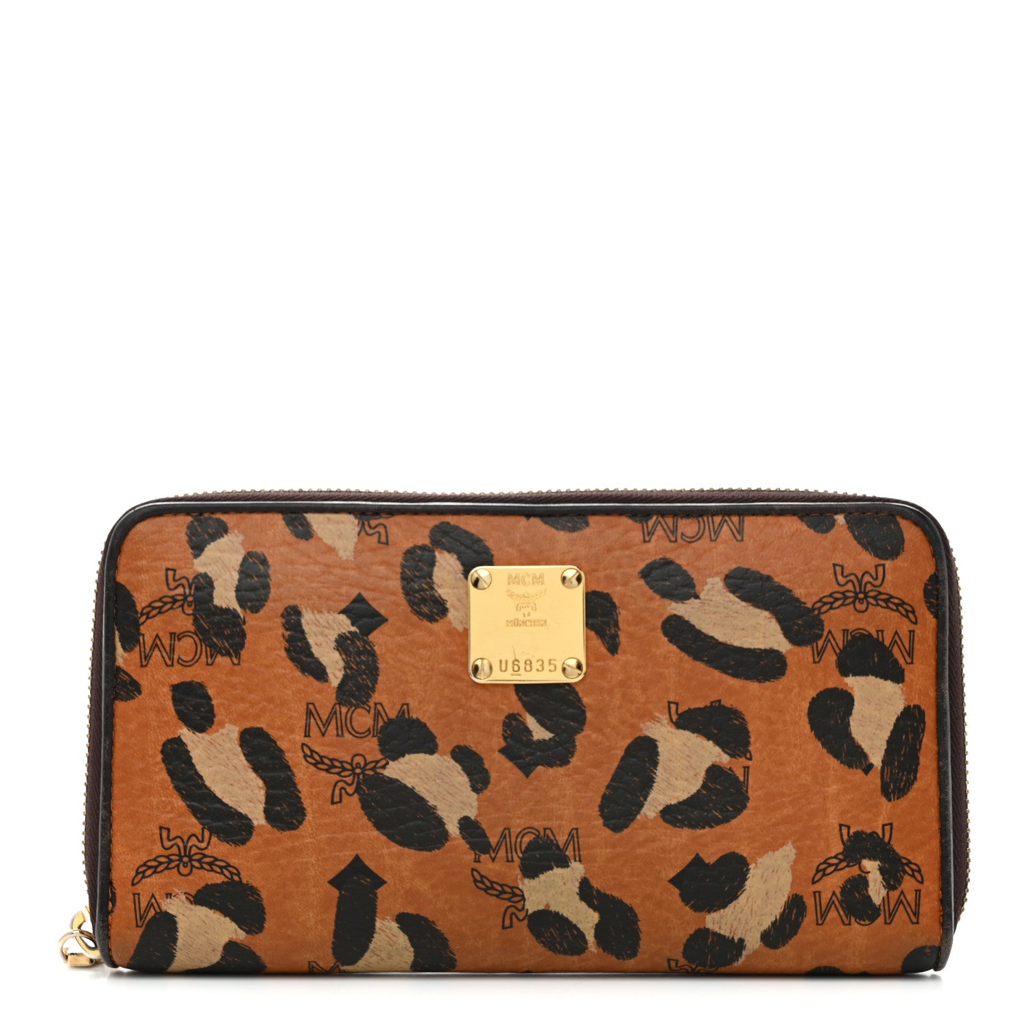 MCM Visetos Leopard Print Zip Around Wallet Cognac 1798519 
