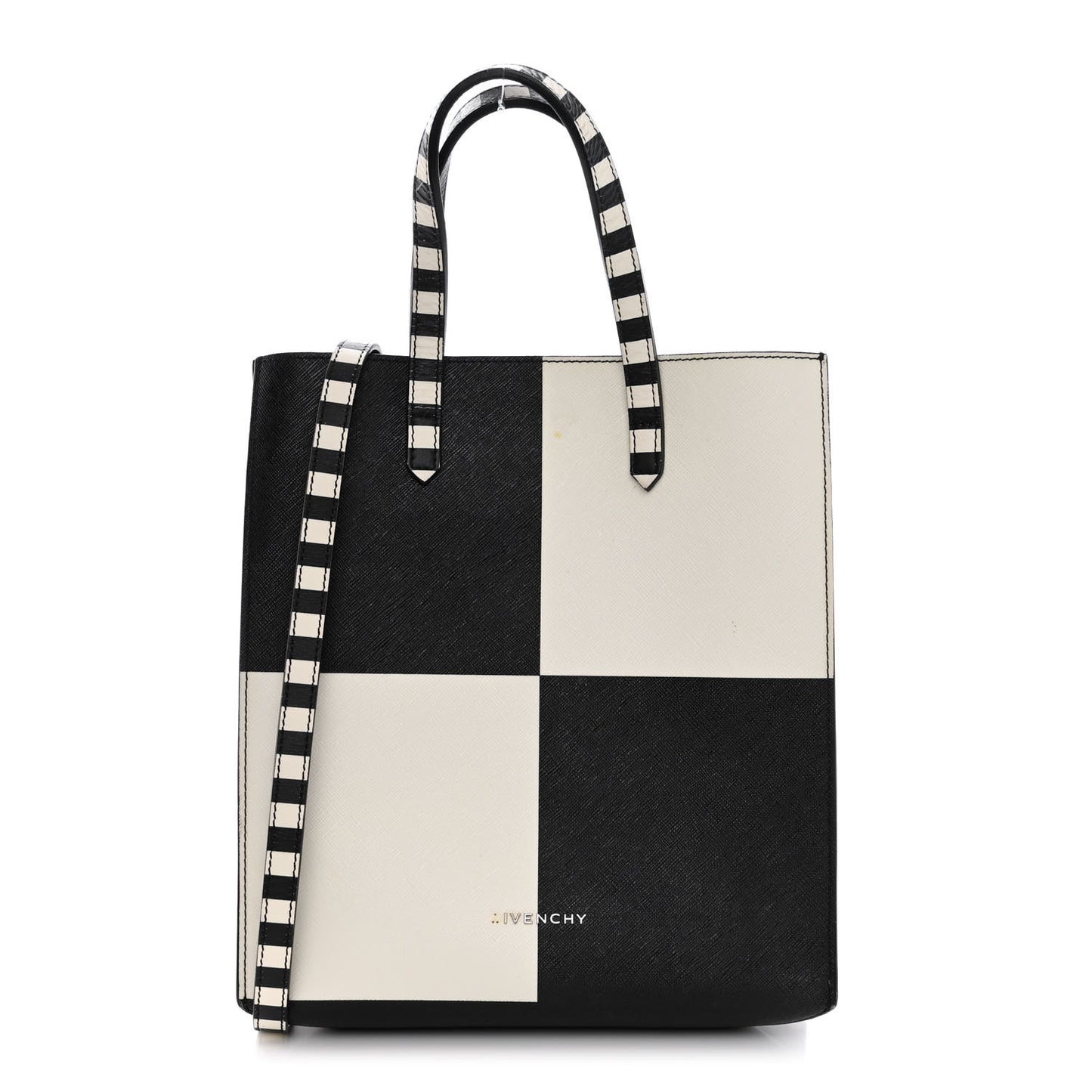 Calfskin Logo Checkered Print Stargate Shopper Tote Black White