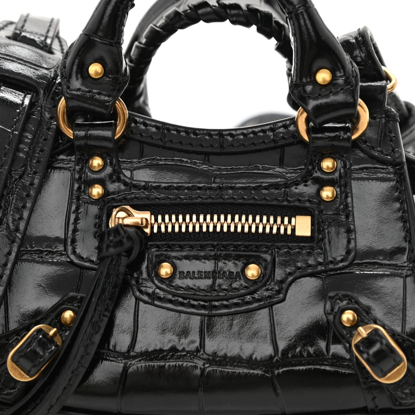 Shiny Supple Calfskin Crocodile Embossed Neo Classic Gold Hardware Super Nano City Crossbody Black