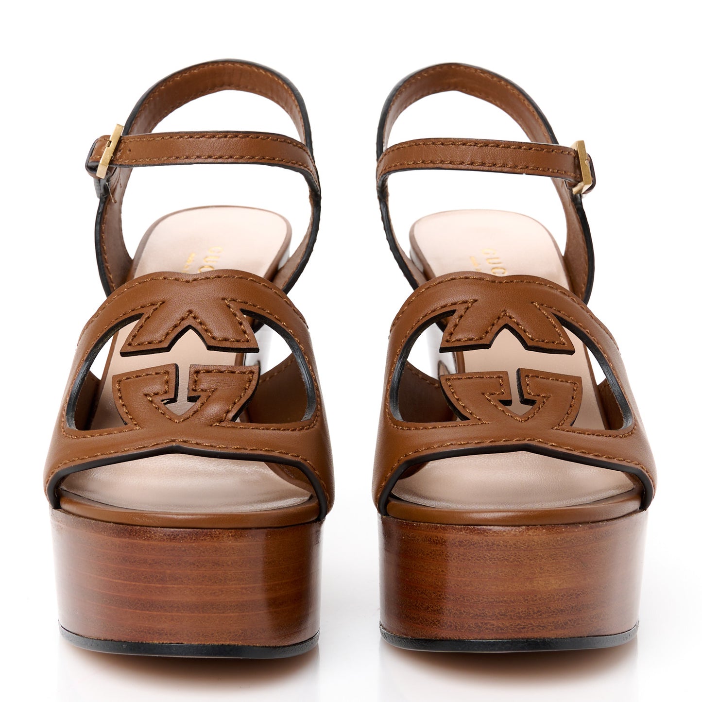 Cosmos Softy Calfskin Wooden Interlocking G Cut-Out 30/120mm Platform Sandals 35.5 Cuir