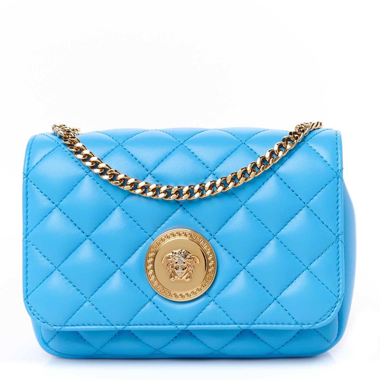 Nappa Quilted Small Medusa Chain Crossbody Blue
