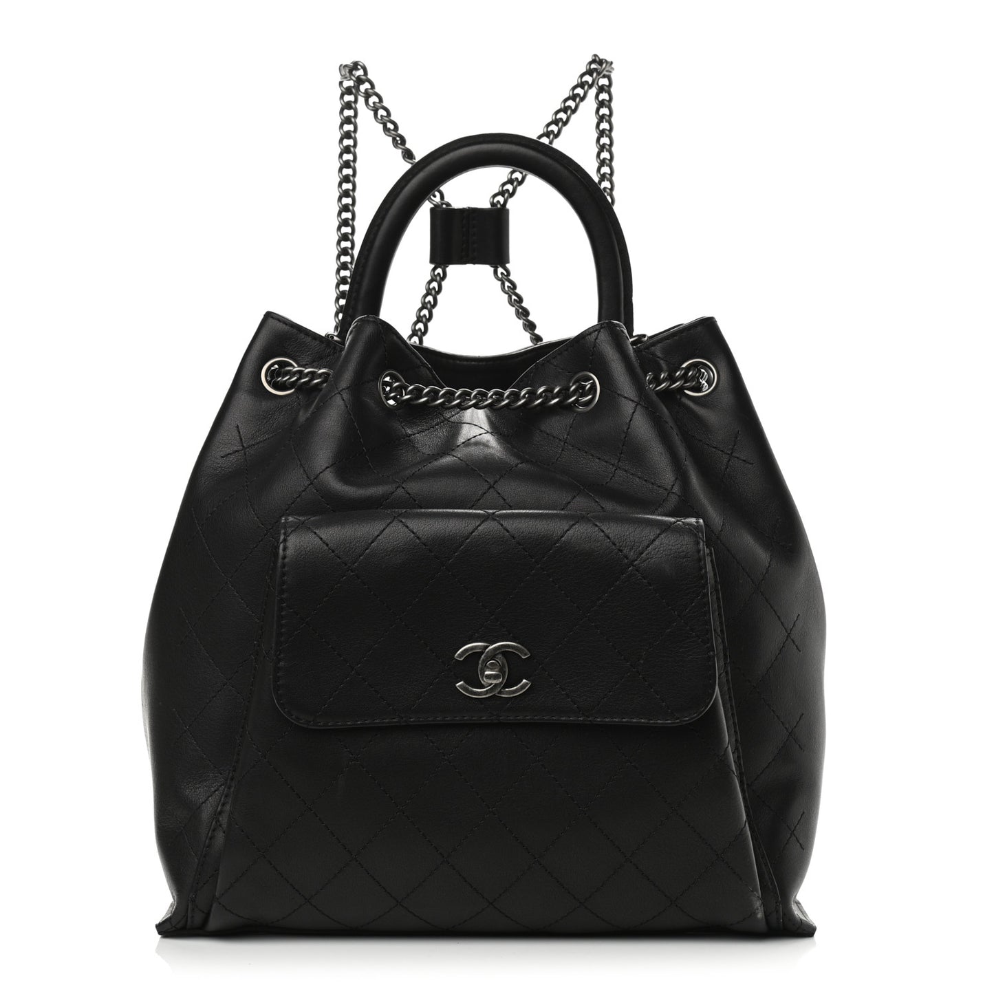 Calfskin Stitched Large Urban Luxury Drawstring Backpack Black