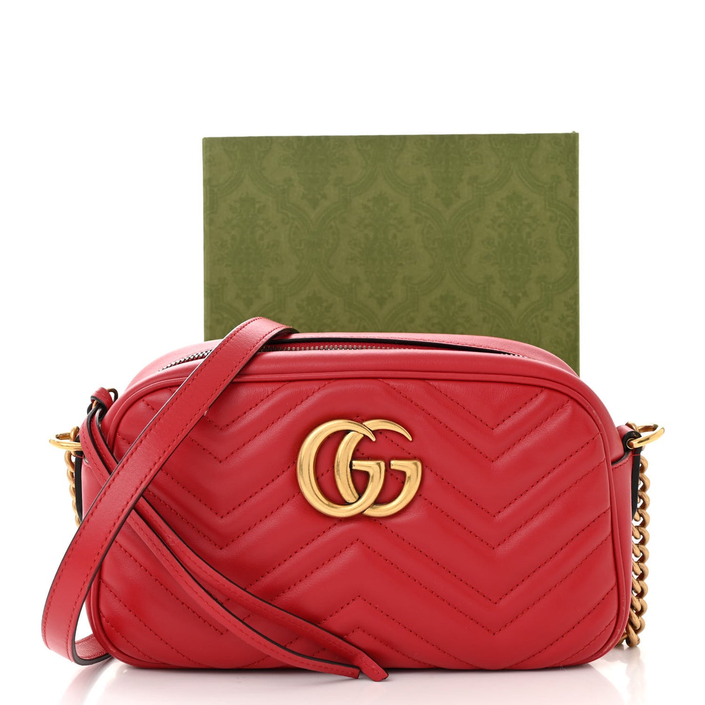 Calfskin Matelasse Small GG Marmont Chain Shoulder Bag Hibiscus Red