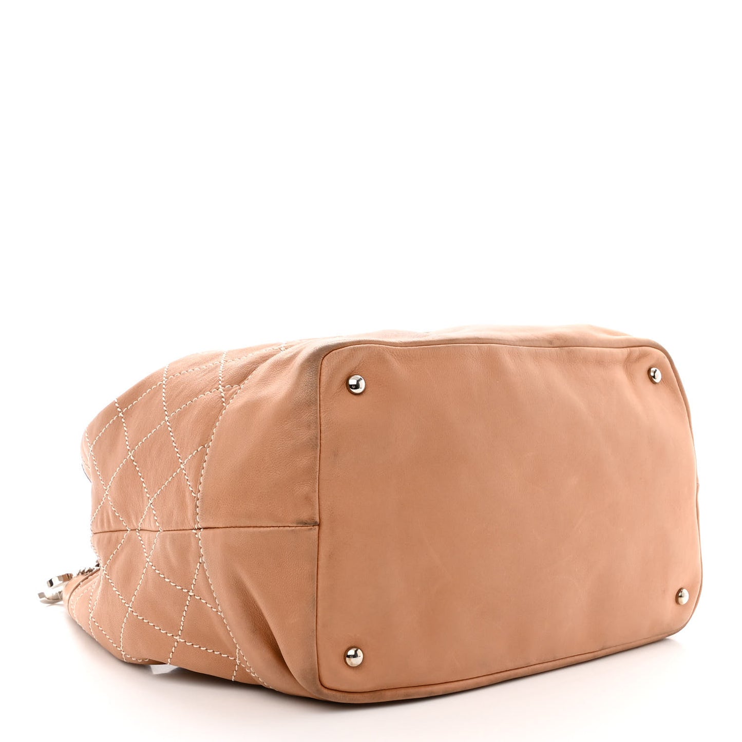 Lambskin Contrast Stitch Large Drawstring Tote Dark Beige