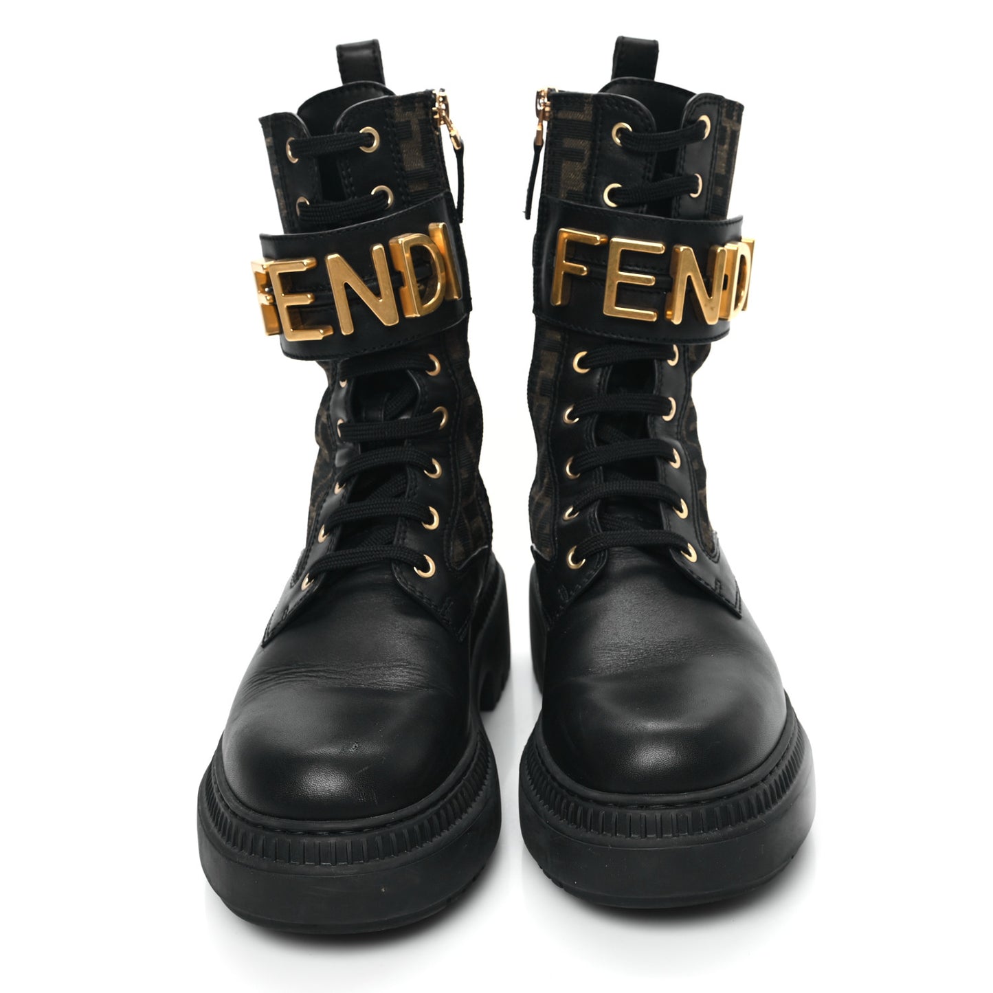 Vitello Fabric Jacquard FF Fendigraphy 50mm Biker Boots 39 Black Tobacco