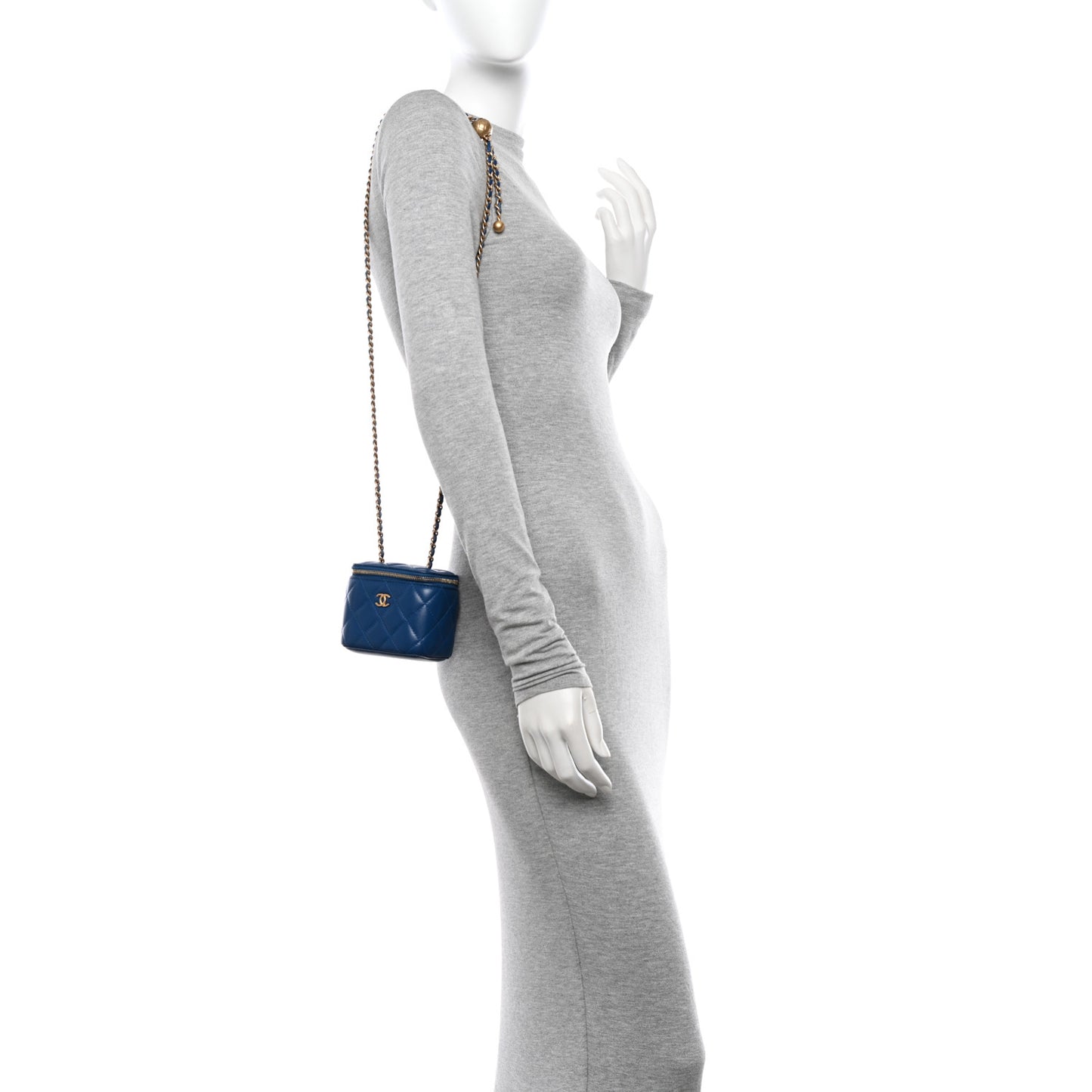 Lambskin Quilted Pearl Crush Mini Vanity Case With Chain Navy Blue