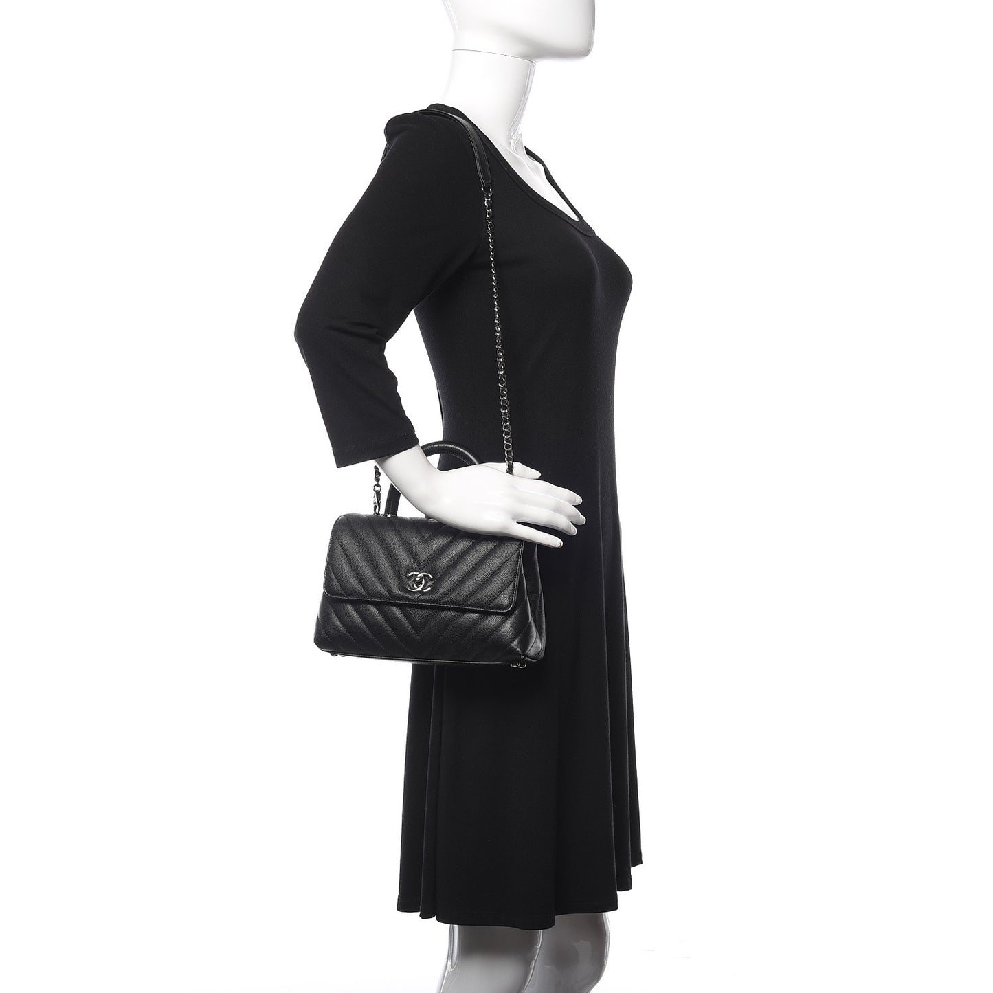 Caviar Chevron Quilted Mini Coco Handle Flap Black