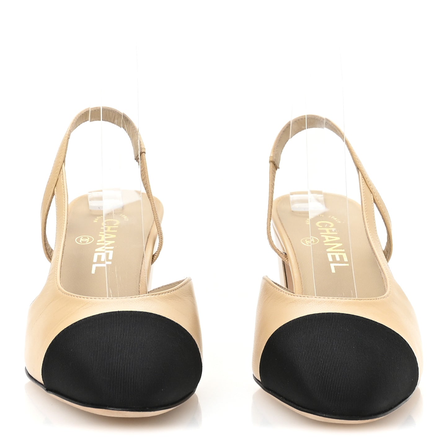 Goatskin Grosgrain Cap Toe CC Slingback Pumps 39 Beige Black