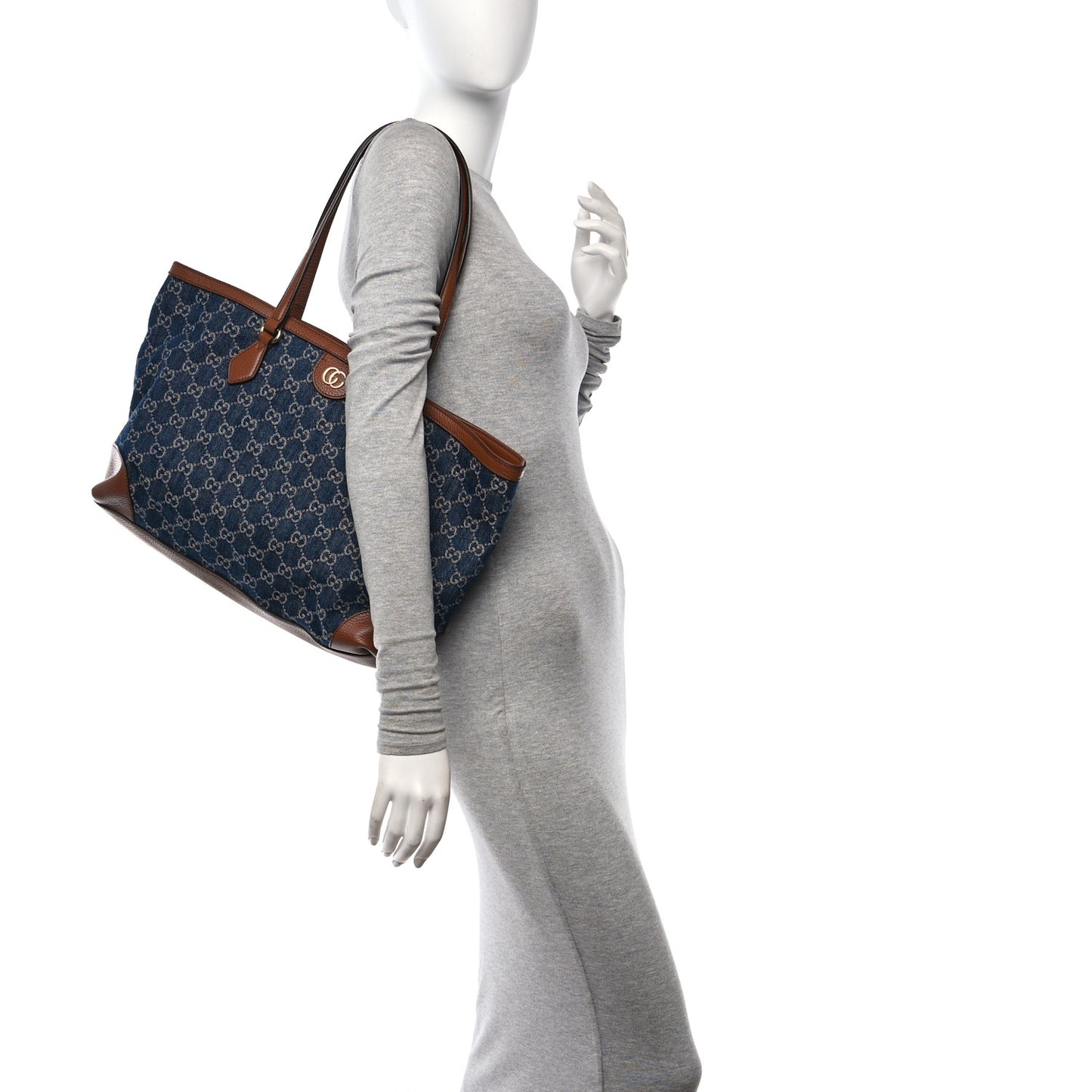 New Denim GG Monogram Medium Ophidia Shopping Tote Blue Tea Cuir