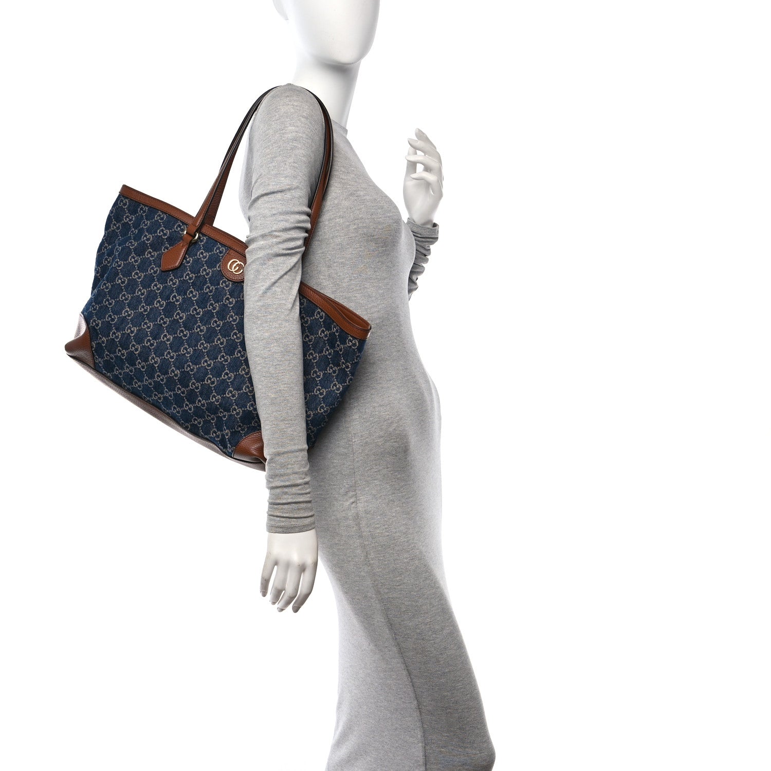 Gucci New Denim GG Monogram Medium Ophidia Shopping Tote Blue Tea Cuir 2 of 10
